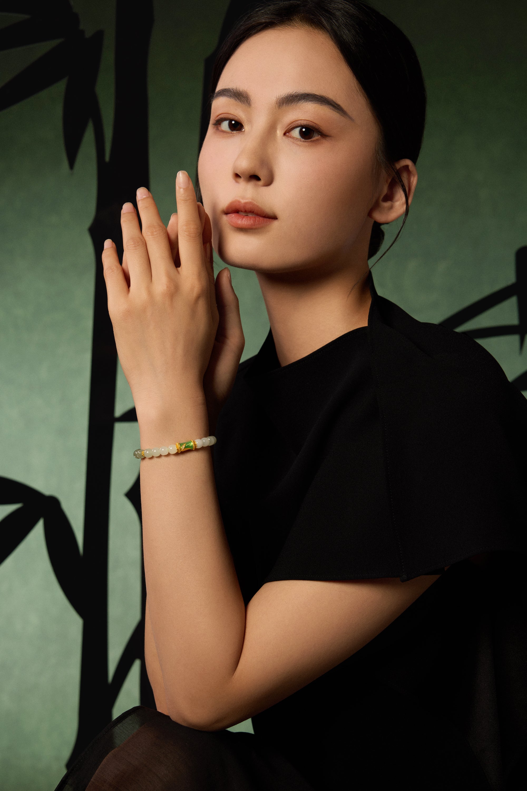 "Chinese Culture Collection - Dan Qing" 24K Gold Beaded Bracelet Hetian Jade 6.5-7*5.8-6.3mm Diamond 0.0033ct   Bamboo 1.9-2.9g Y1937744