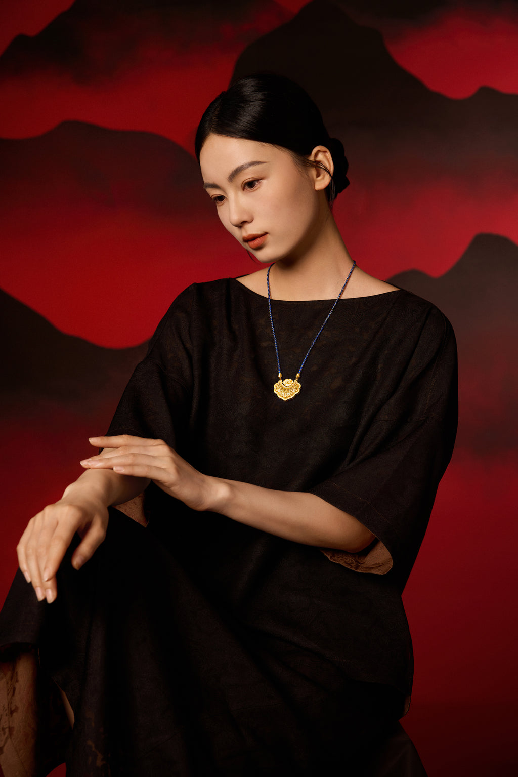 "Chinese Culture Collection - Dan Qing" 999 24K Gold String Pendant Diamond 0.0037ct Garnet 0.006ct Ruyi 32-37g W0449935