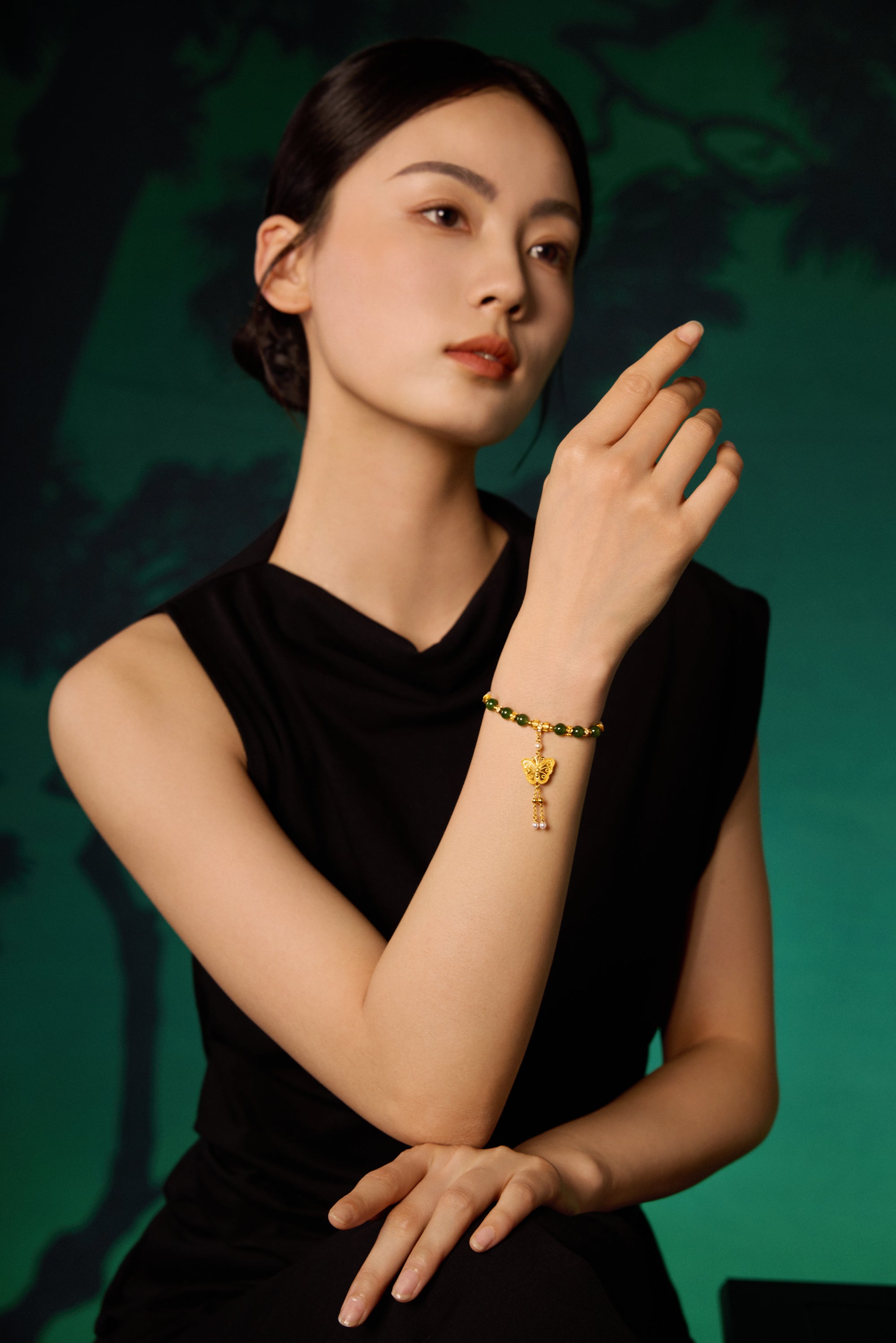 "Chinese Culture Collection - Dan Qing" 24K Gold Beaded Bracelet Hetian Jade 5.8-6.3mm Diamond 0.0053ct Pearl 2.8-3.3mm Butterfly 12-15g Y1940434