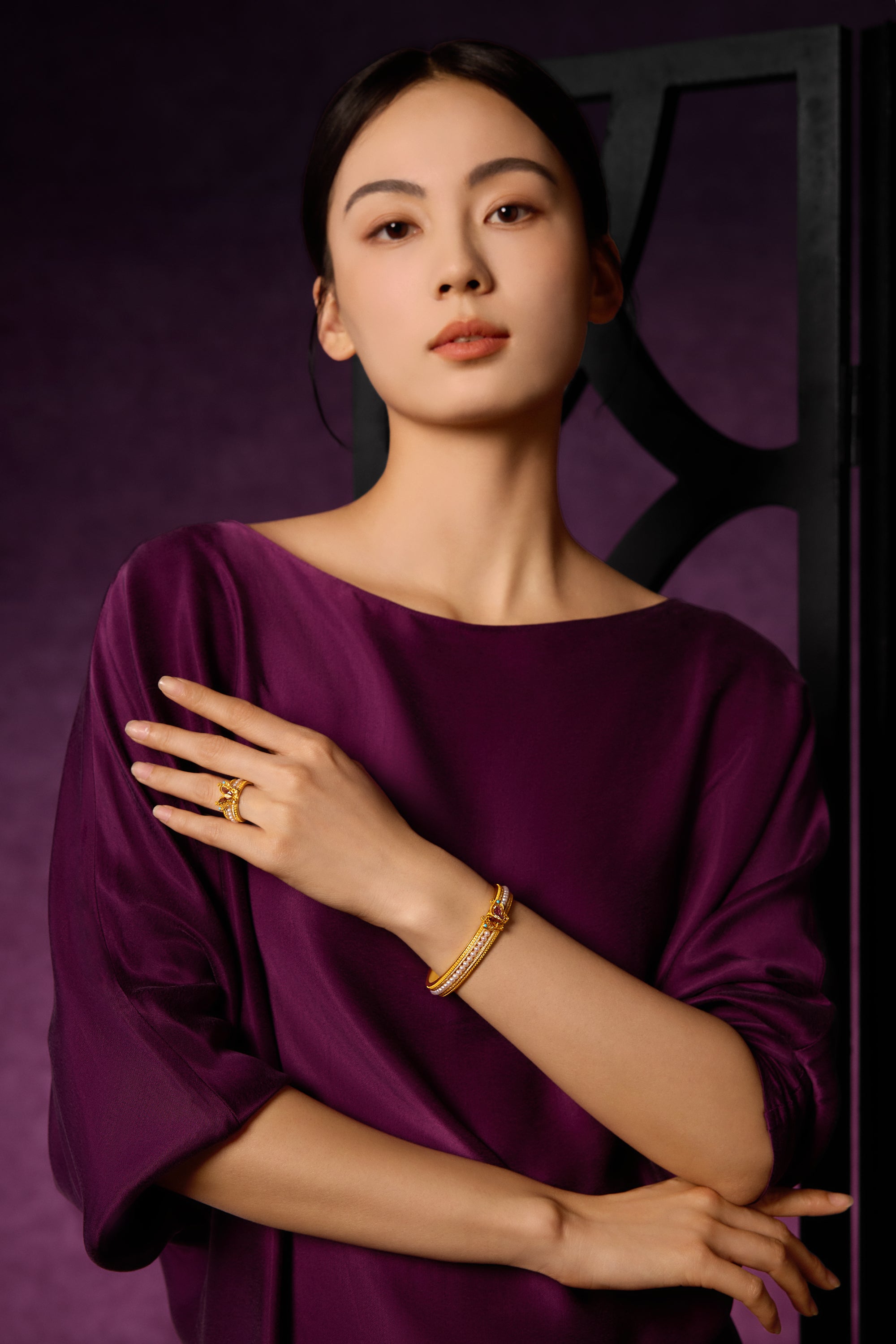 "Chinese Culture Collection - Dan Qing" 24K Gold Bangle Bracelet Diamond 0.003ct Pearl 3mm Butterfly 56-63g W1043660