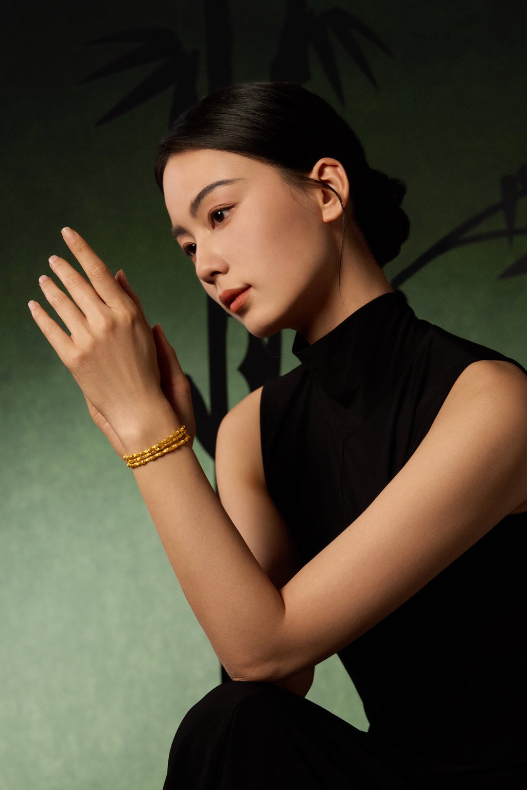 "Chinese Culture Collection - Dan Qing" 24K Gold Beaded Bracelet Diamond 0.0024ct Bamboo 25-30g W1936313