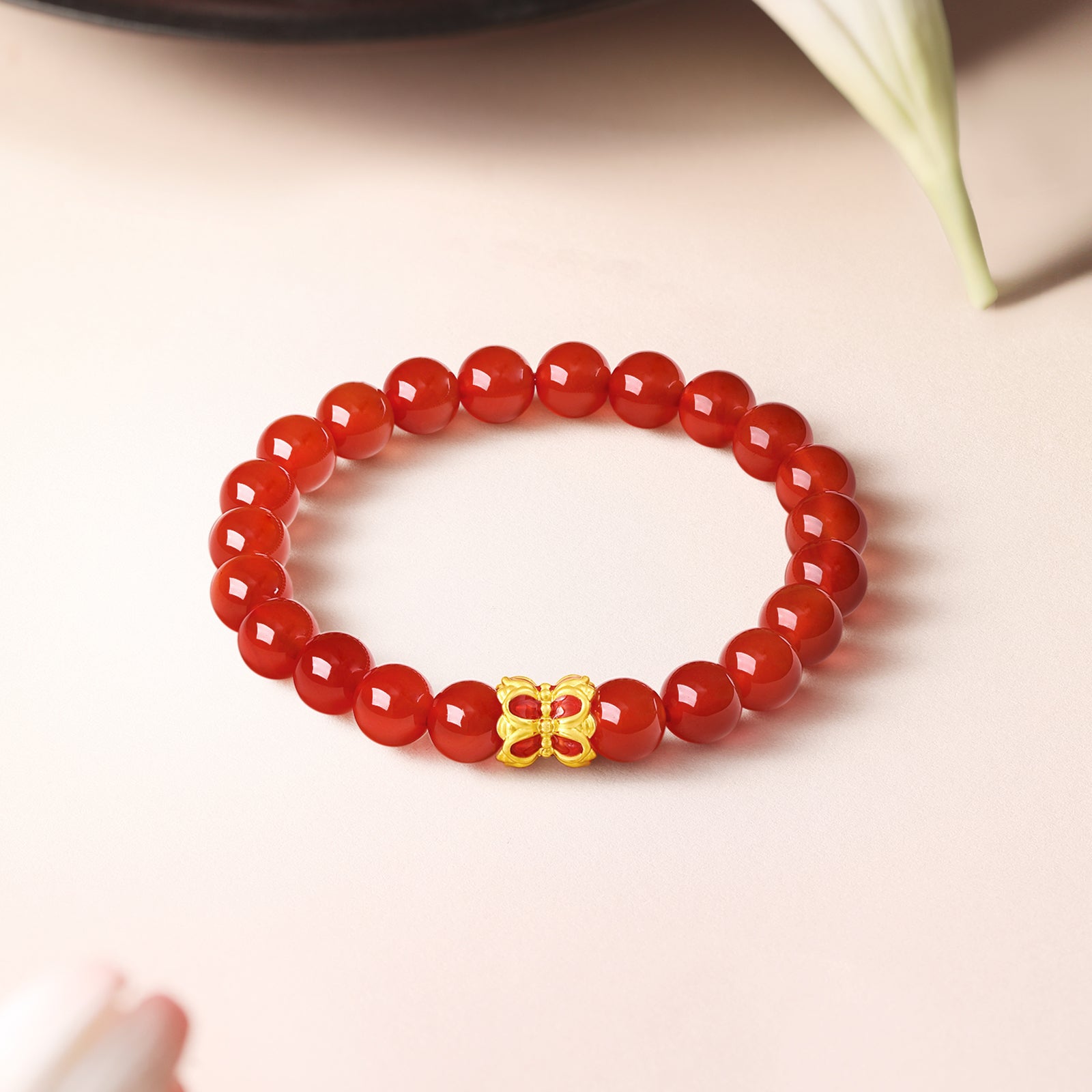 Jiuhua Mountain' 24K Gold Beaded Bracelet Agate Lotus Flower A1914661