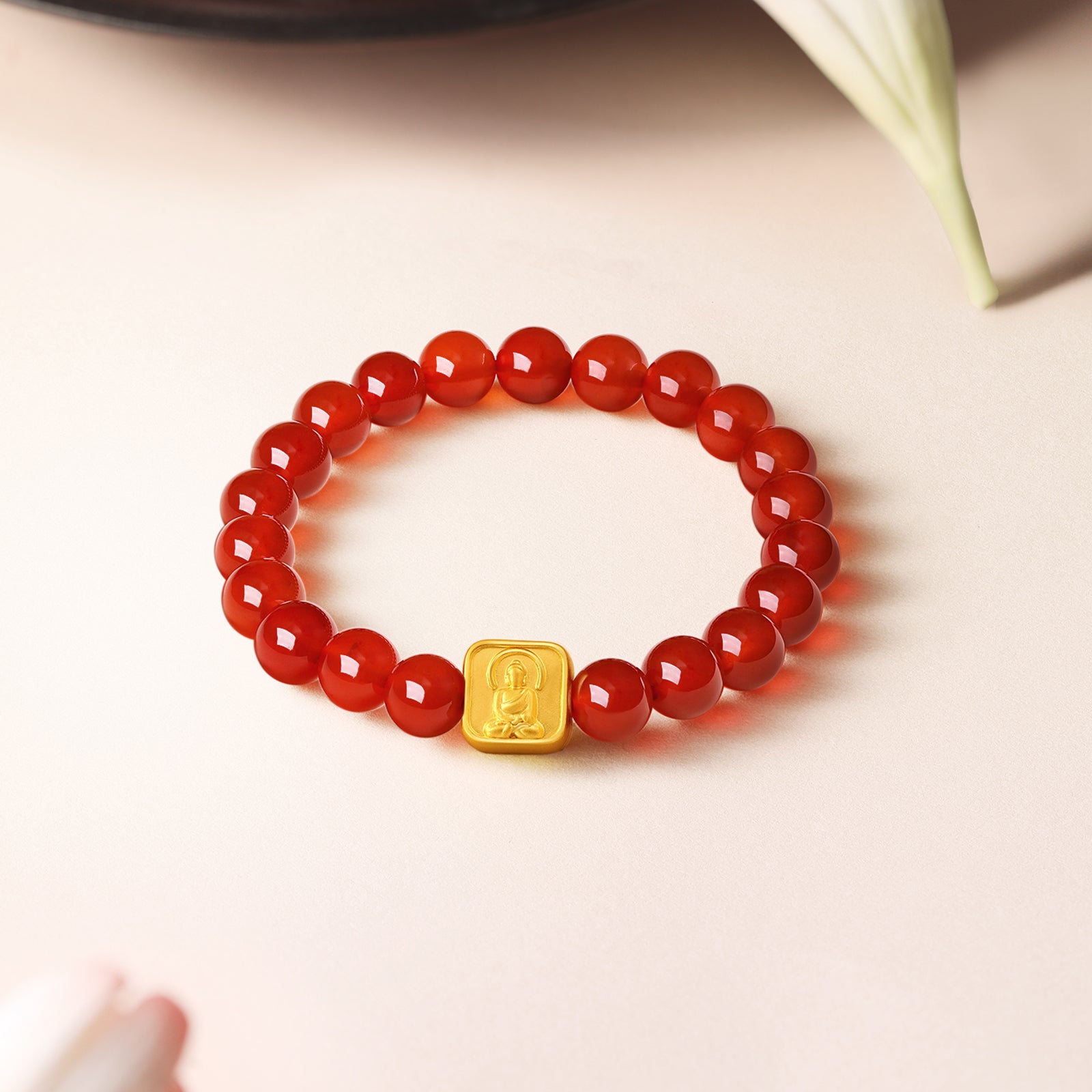 Jiuhua Mountain' 24K Gold Beaded Bracelet Agate Ksitigarbha Bodhisattva A1914667