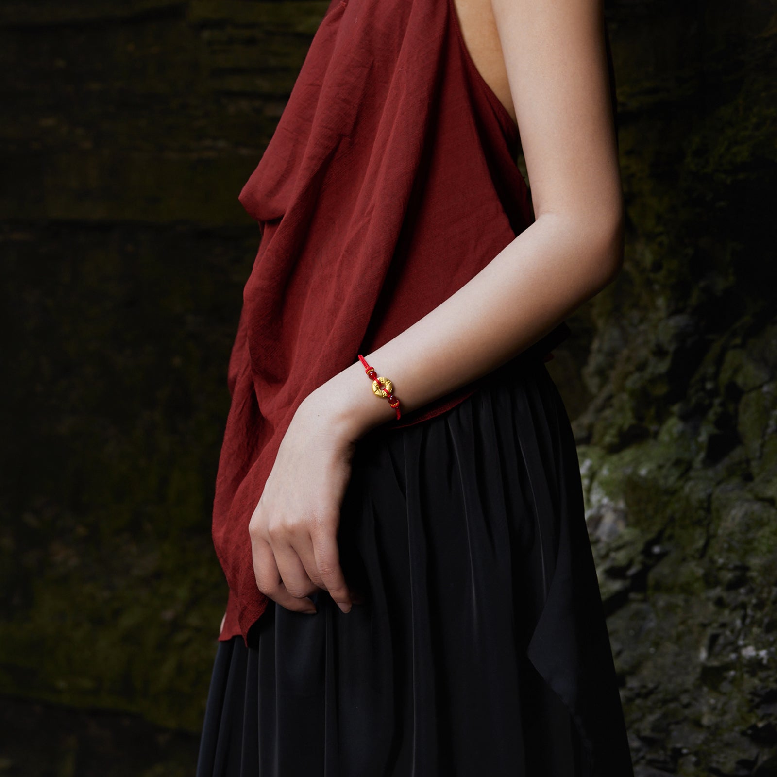 Jiuhua Mountain' 24K Gold String Bracelet Agate Buddhist Scripture A1714666