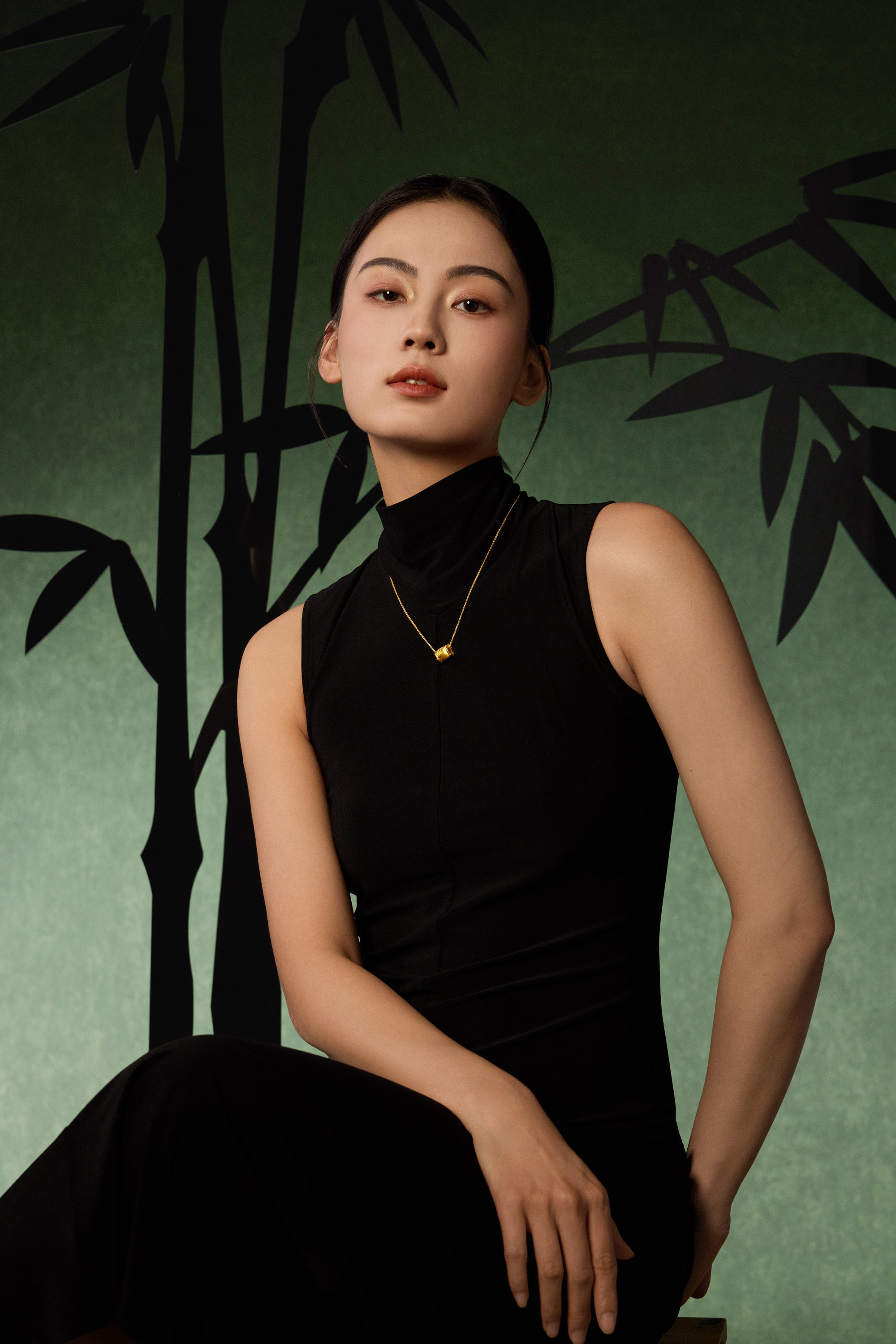 "Chinese Culture Collection - Dan Qing" 24K Gold Pendant Necklace Diamond 0.005ct Bamboo 10-13g W0636326