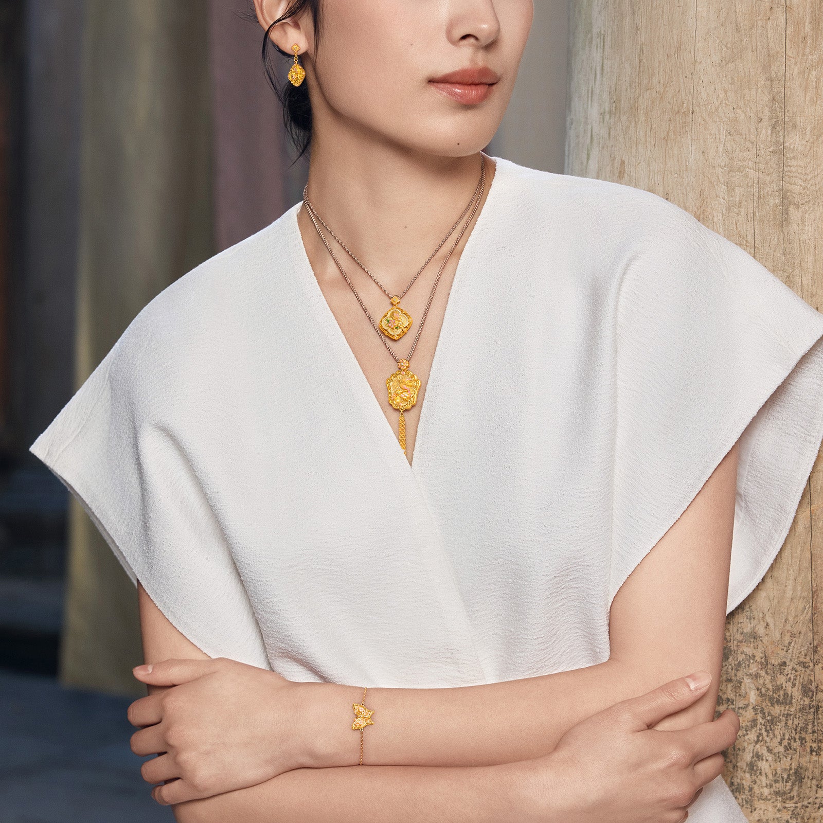 "Chinese Culture Collection - Song Brocade" 24K Gold Chain Bracelet Diamond Butterfly 4.3-6.3g W0723490
