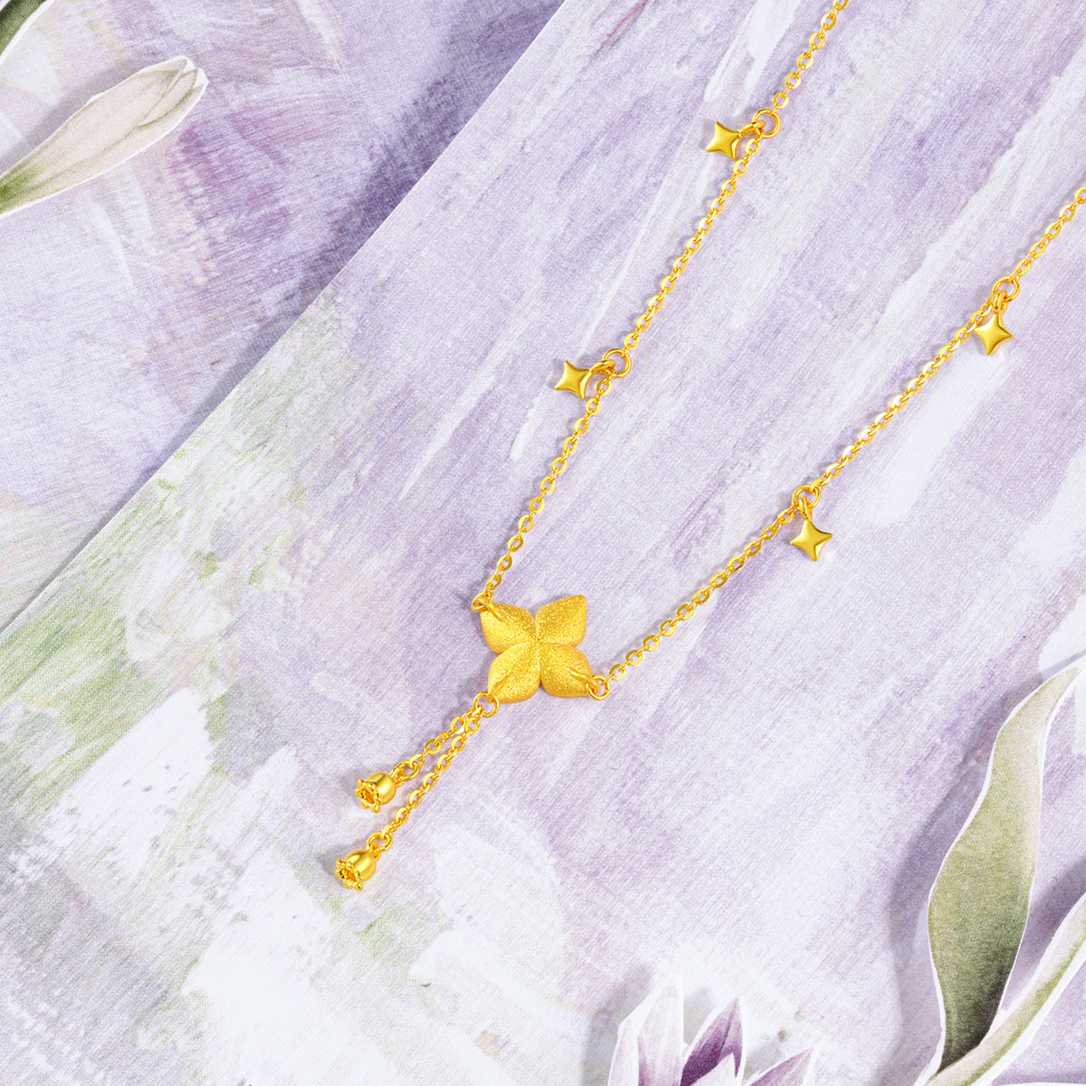 "Fantasy Forest" 999 24K Gold Pendant Necklace Clover 4.4-4.7g A0613827