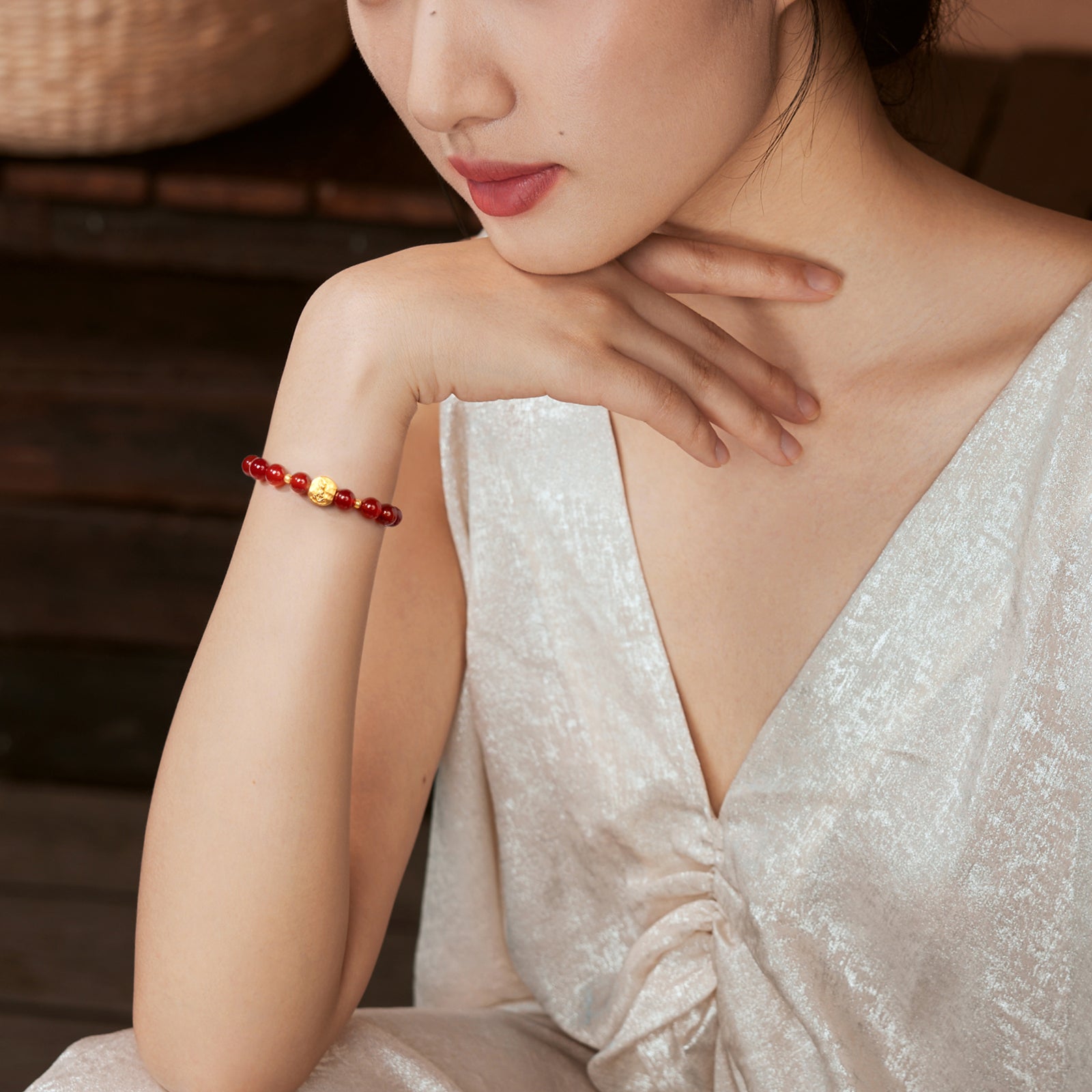 Jiuhua Mountain' 24K Gold Beaded Bracelet Agate Ksitigarbha Bodhisattva A1915809