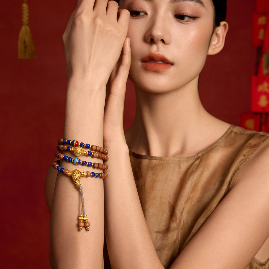"Jiuhua Mountain" 24K Gold Beaded Bracelet Lapis Lazuli Sandalwood Bead sandalwood Ksitigarbha's Implements J1915280