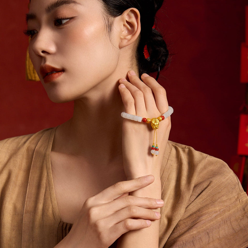 Jiuhua Mountain' 24K Gold Beaded Bracelet Heitian Jade Agate Ksitigarbha's Implements Y1915292