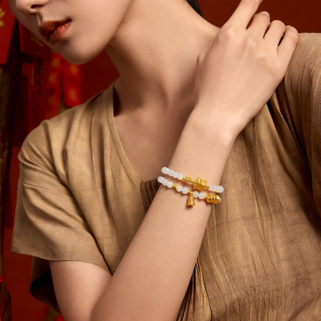 Jiuhua Mountain' 24K Gold Beaded Bracelet Heitian Jade Agate Ksitigarbha's Implements Y1915281
