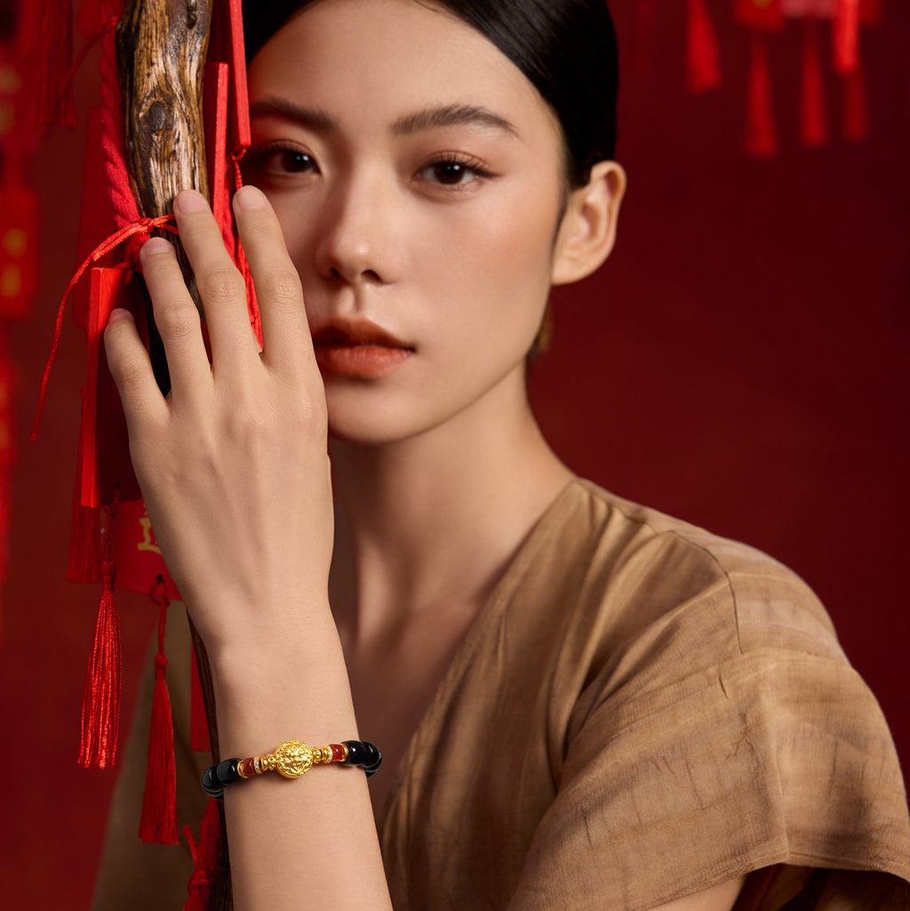 "Jiuhua Mountain" 24K Gold Beaded Bracelet Black Agate Buddha Sculpture 8.59-7.58mm 18cm J1936516