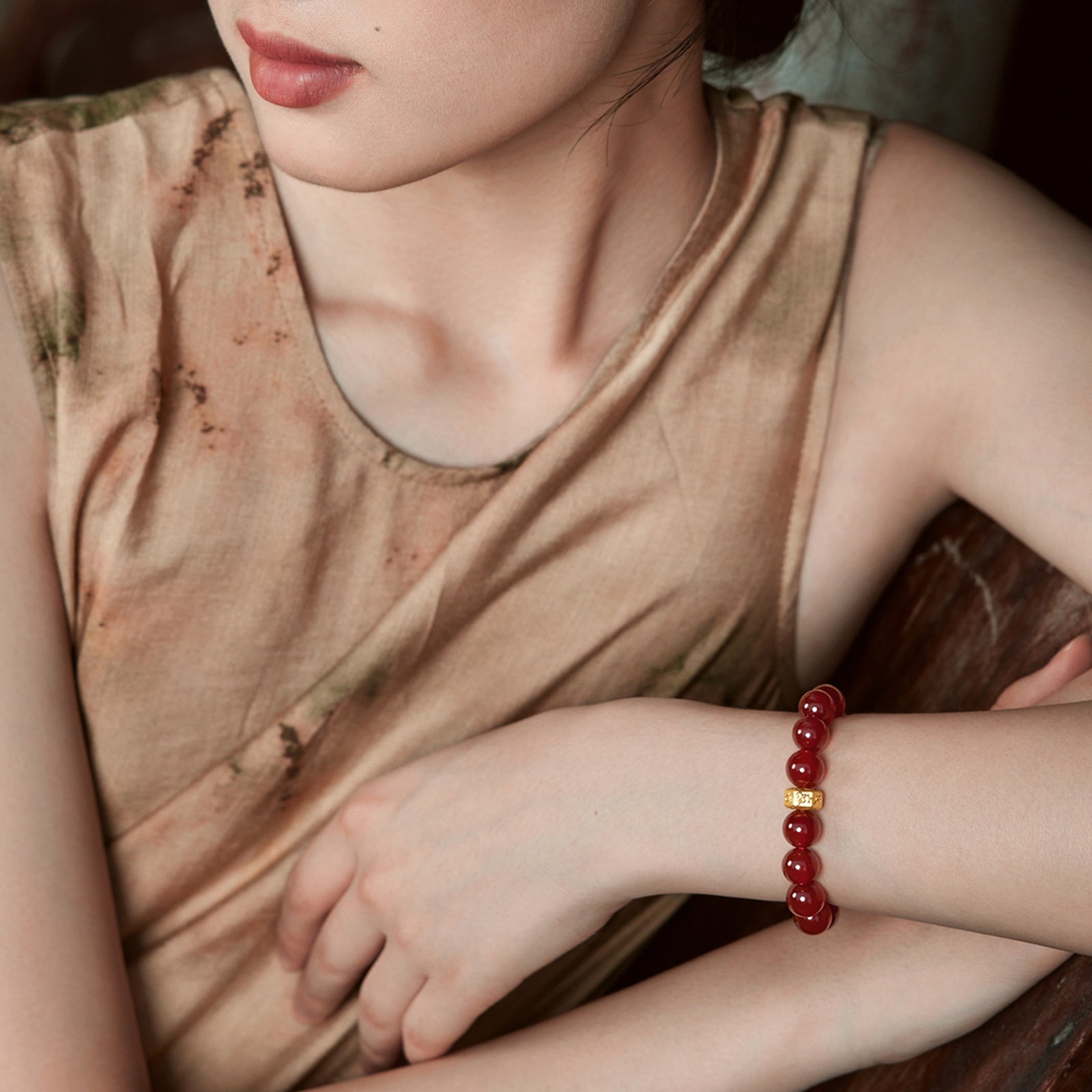 'Jiuhua Mountain' 24K Gold Beaded Bracelet Agate Buddhist Scripture 9mm 19cm A1914663