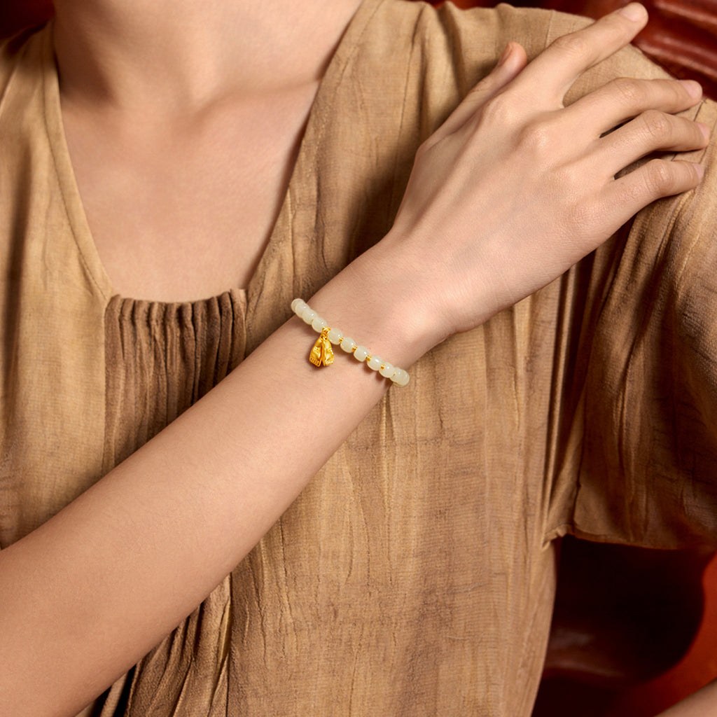 Jiuhua Mountain' 24K Gold Beaded Bracelet Heitian Jade Mudras Y1915276