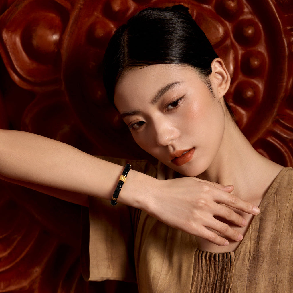 "Jiuhua Mountain" 24K Gold Beaded Bracelet Black Agate Carved Barrel 7.5-8*4-4.5mm 18cm J1937738