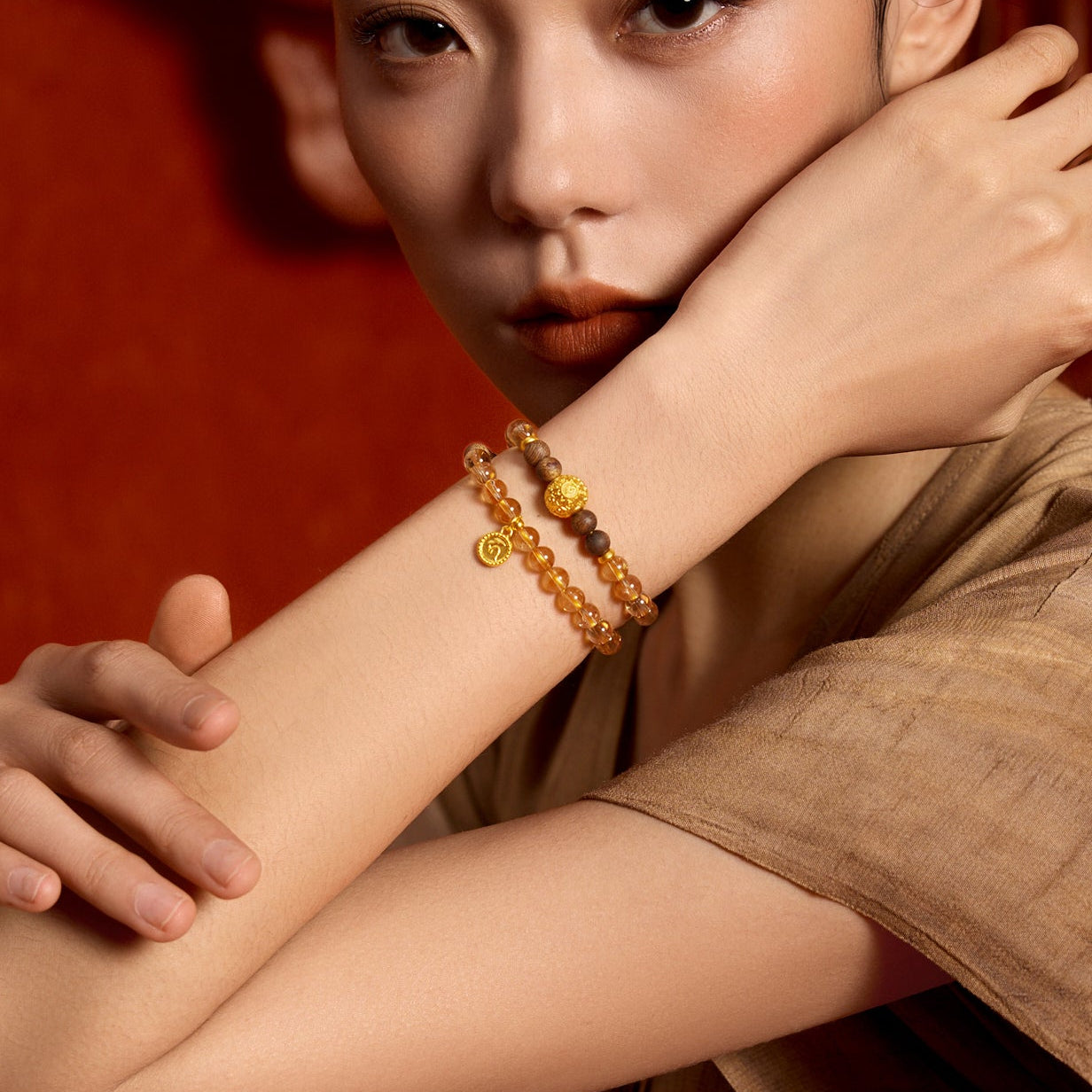 "Jiuhua Mountain" 24K Gold Beaded Bracelet Citrine Aloeswood Beads Buddhist Scripture A1915270