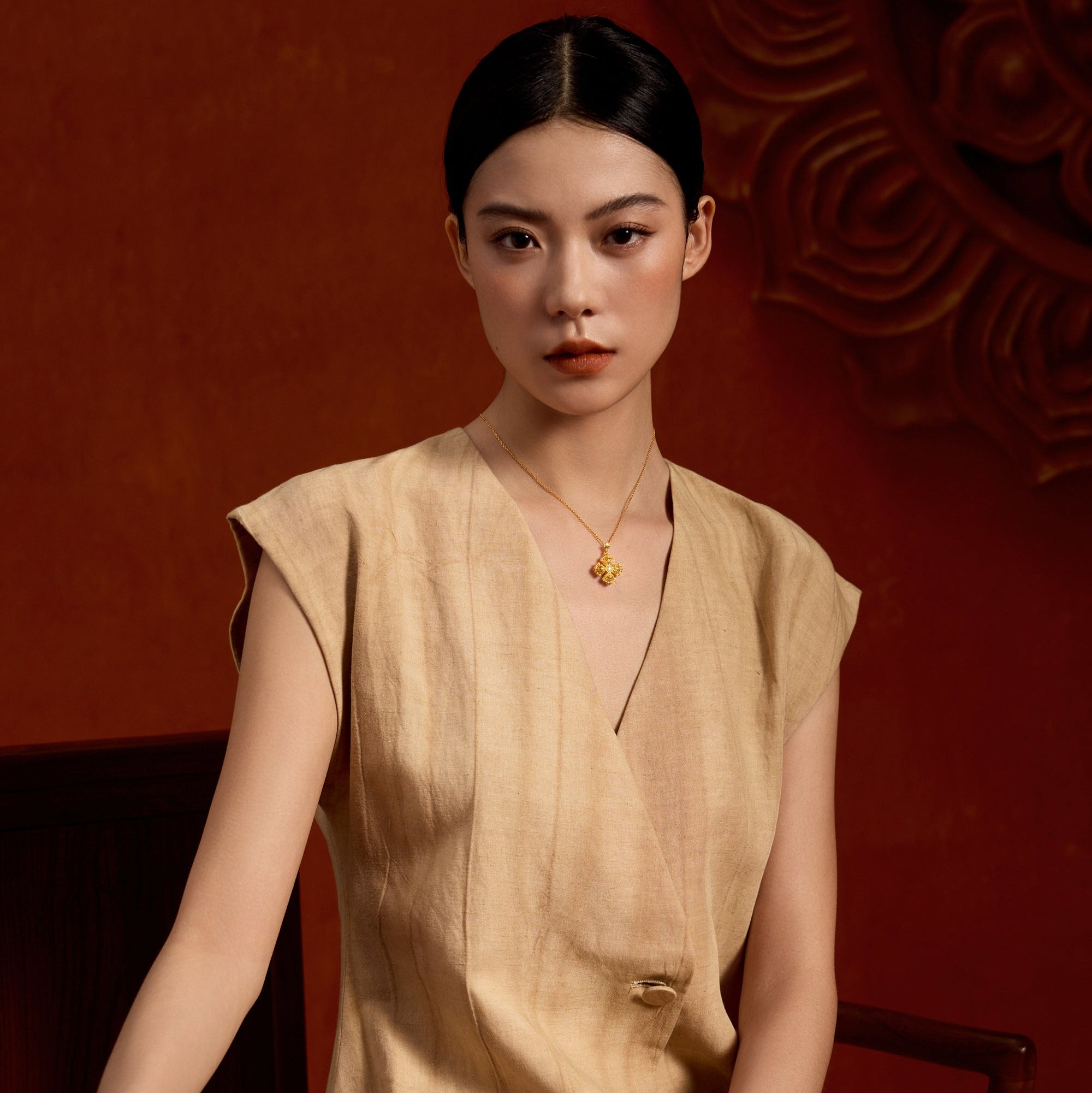 "Jiuhua Mountain" 24K Gold O Chain Necklace Diamond Four-Petaled Vajra Pendant Chain 40+5cm W0630216