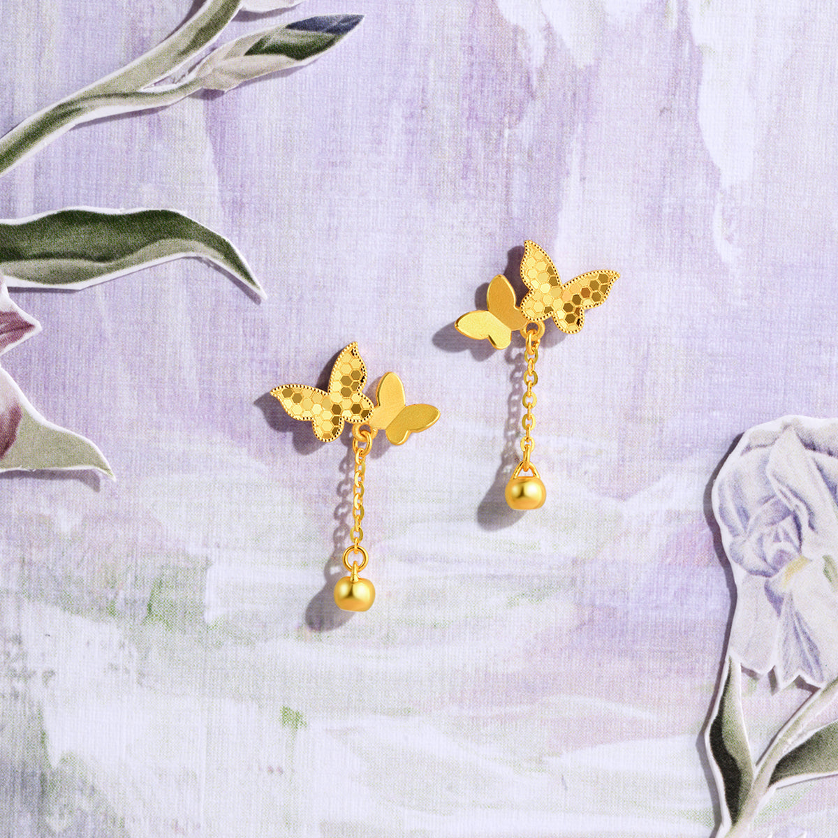 "Fantasy Forest" 24K Gold Earrings Butterfly 2.2-2.5g A0913914
