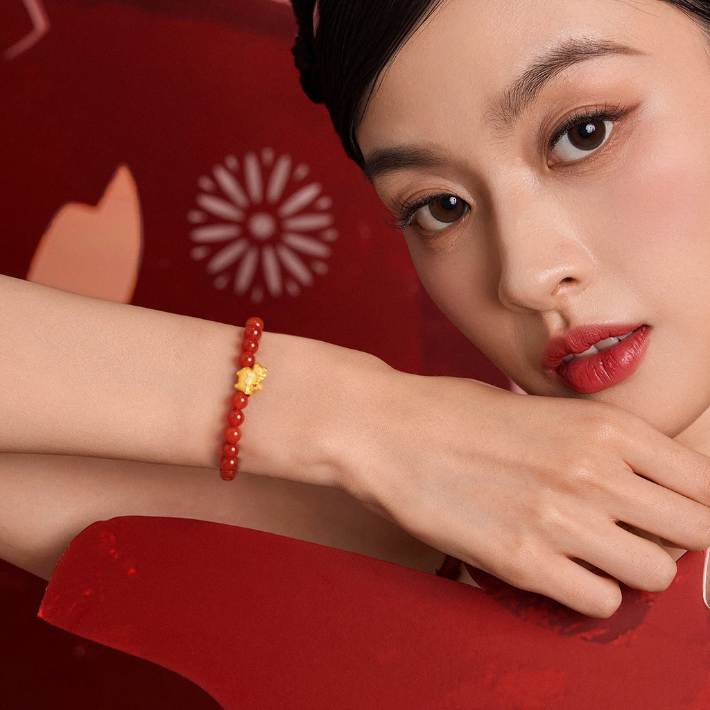 「馬年」24K金珠手鍊，瑪瑙馬圖案，寓意財富，0.7-1克，17厘米，A1916287