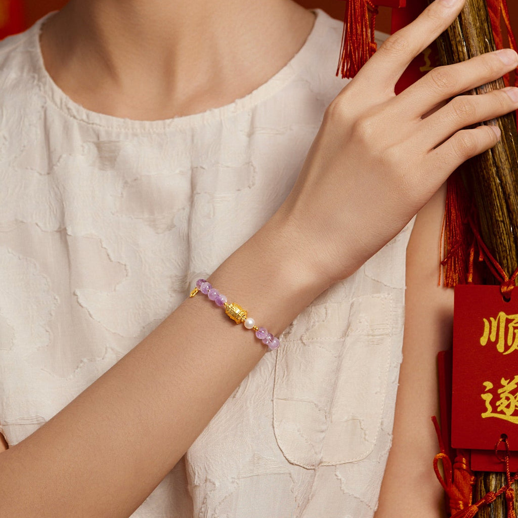 Jiuhua Mountain' 24K Gold Beaded Bracelet Amethyst Pearl Ksitigarbha's Implements J1915266