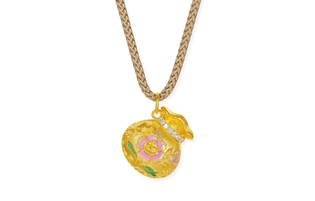 "Chinese Culture Collection - Song Brocade" 24K Gold Pendant Necklace Diamond Fortune Bag 6.25-8.25g W0423103