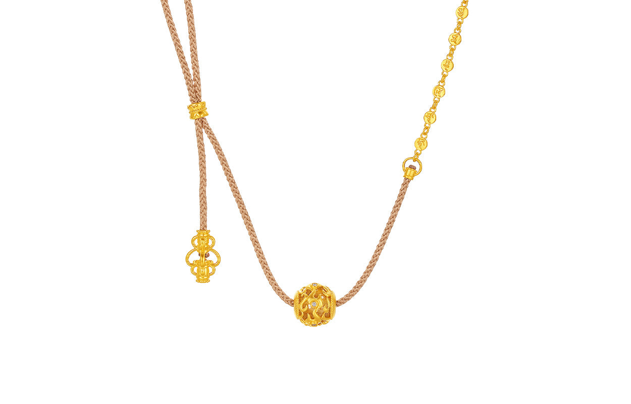 "Jiuhua Mountain" 24K Gold String Necklace Crystal Diamond Lotus Tassel Pendant 0.01ct W0436350