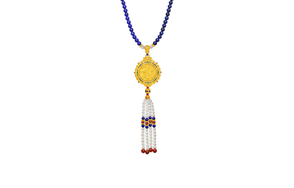 "Chinese Culture Collection - Dan Qing" 24K Gold Pendant Necklace Lapis Lazuli 3-5.5mm Diamond 0.05ct 4-10mm Dragons & Phoenixes 58-66g J0636332