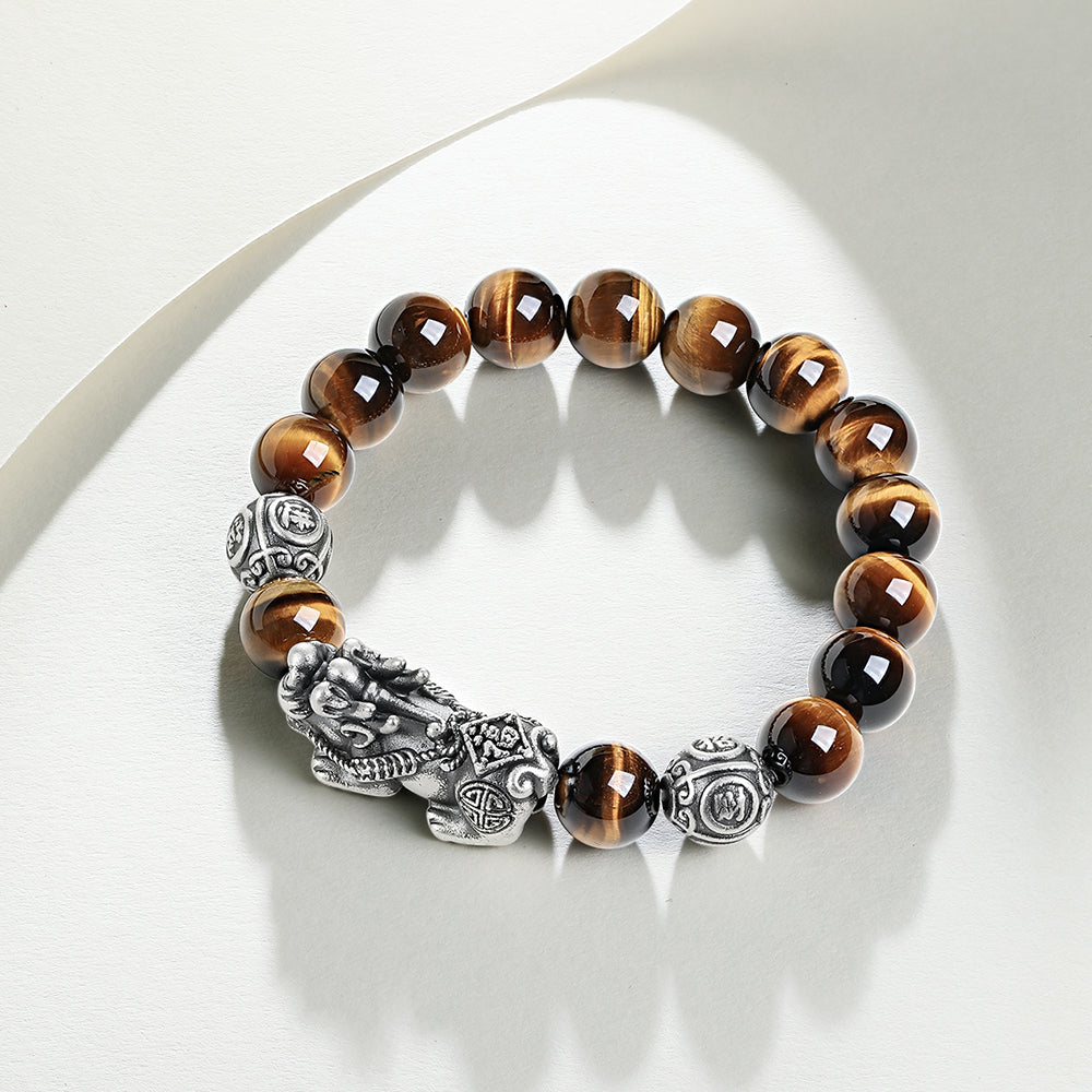 ZHOU LIU FU 925 Sterling Silver Pixiu Charm Bracelet Tiger's Eye Beaded Stretch Bracelet Feng Shui Jewelry Gift for Men 7.9"