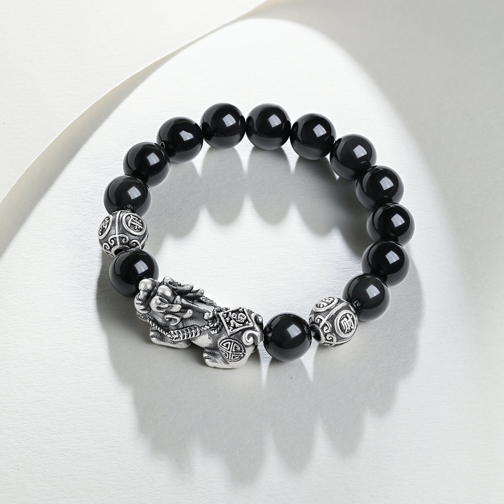 S925 Sterling Silver Beaded Bracelet Obsidian Pixiu 3.8-4.8g 18cm/20cm J1914054