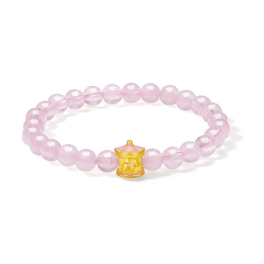 'Year of the Horse' 24K Gold Beaded Bracelet Rose Quartz Carousel Horse 0.58-0.88g 17cm A1915531