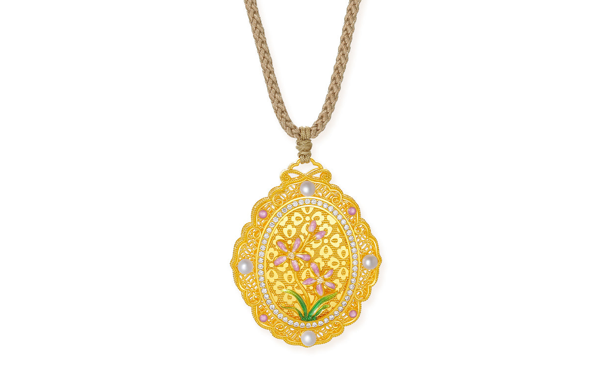 "Chinese Culture Collection - Song Brocade" 24K Gold Pendant Necklace Diamond  2.5-2.7mm Pearl         Flower 12.43-14.93g W0423105