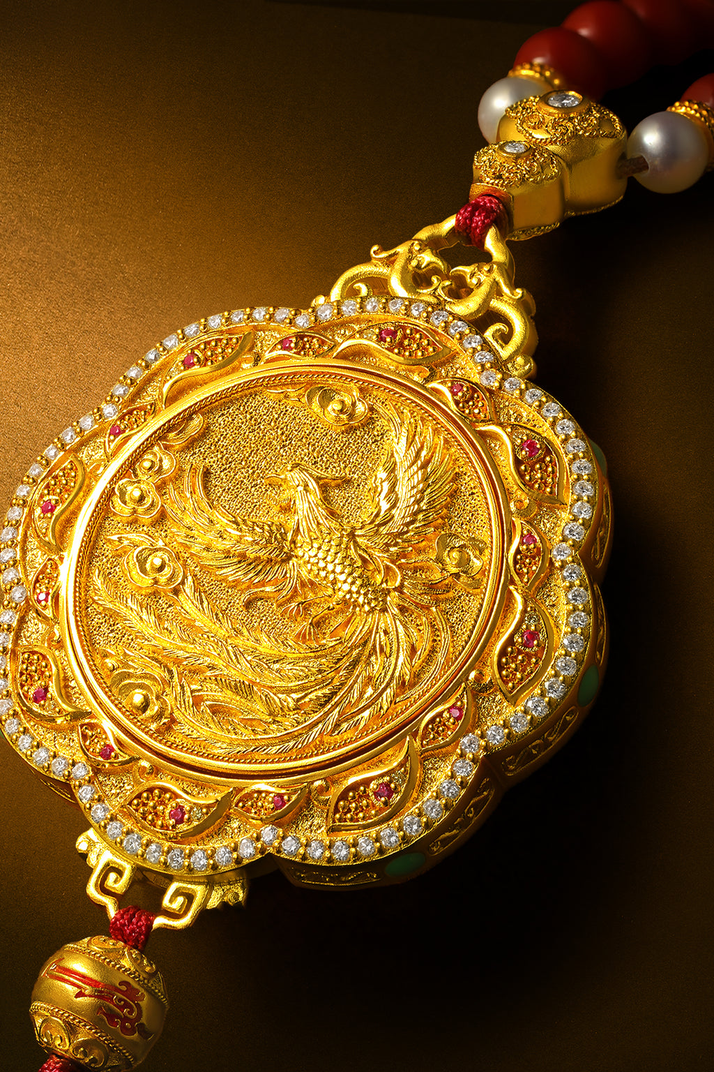 "Chinese Culture Collection - Dan Qing" 24K Gold Pendant Necklace Braided Rope Agate 3-5.5mm Diamond 0.05ct 0.0024-0.0045 Dragons & Phoenixes 56-64.5g J0636327