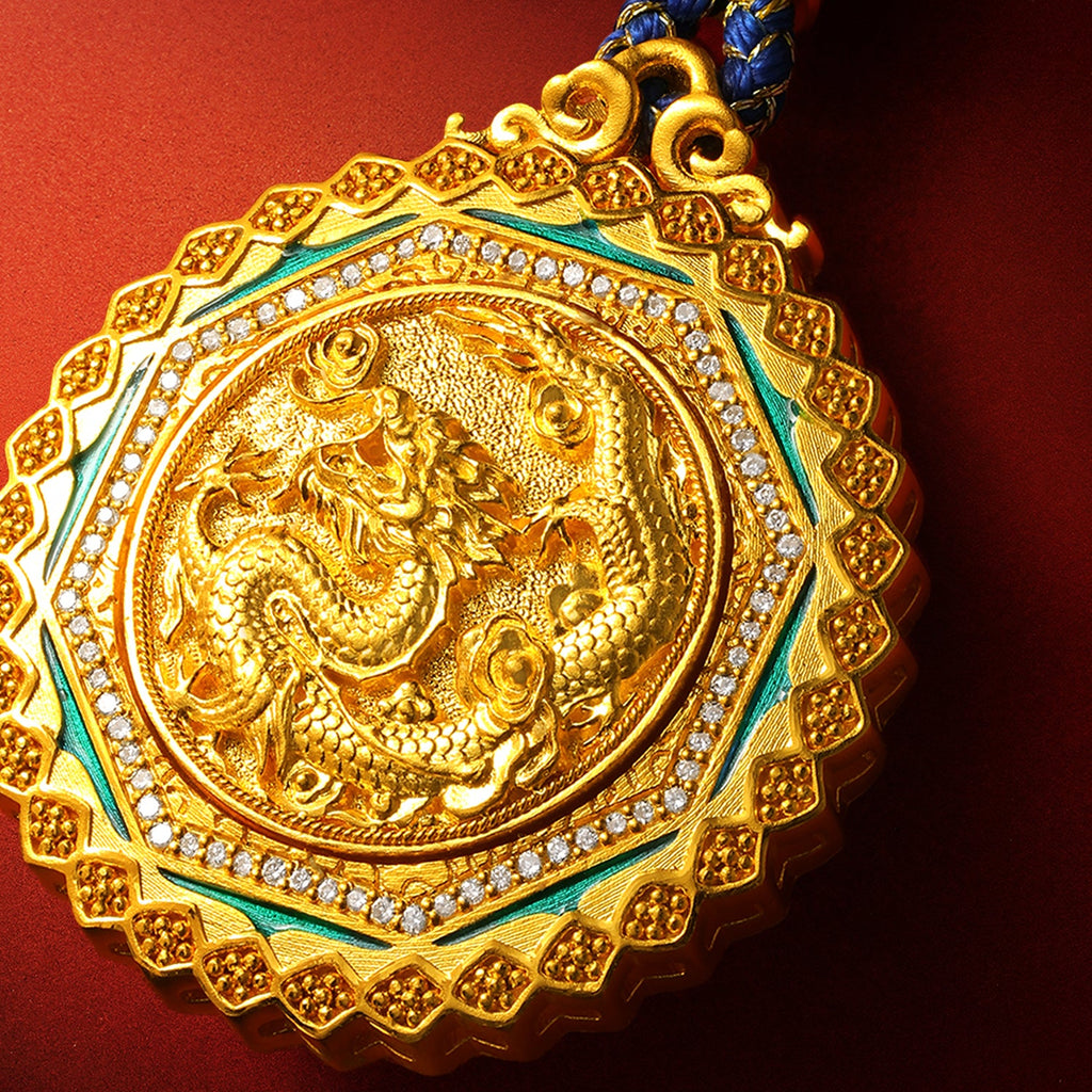 "Chinese Culture Collection - Dan Qing" 24K Gold Pendant Braided Rope Diamond 0.03ct 0.0015ct Dragons & Phoenixes 22-26g W0440499