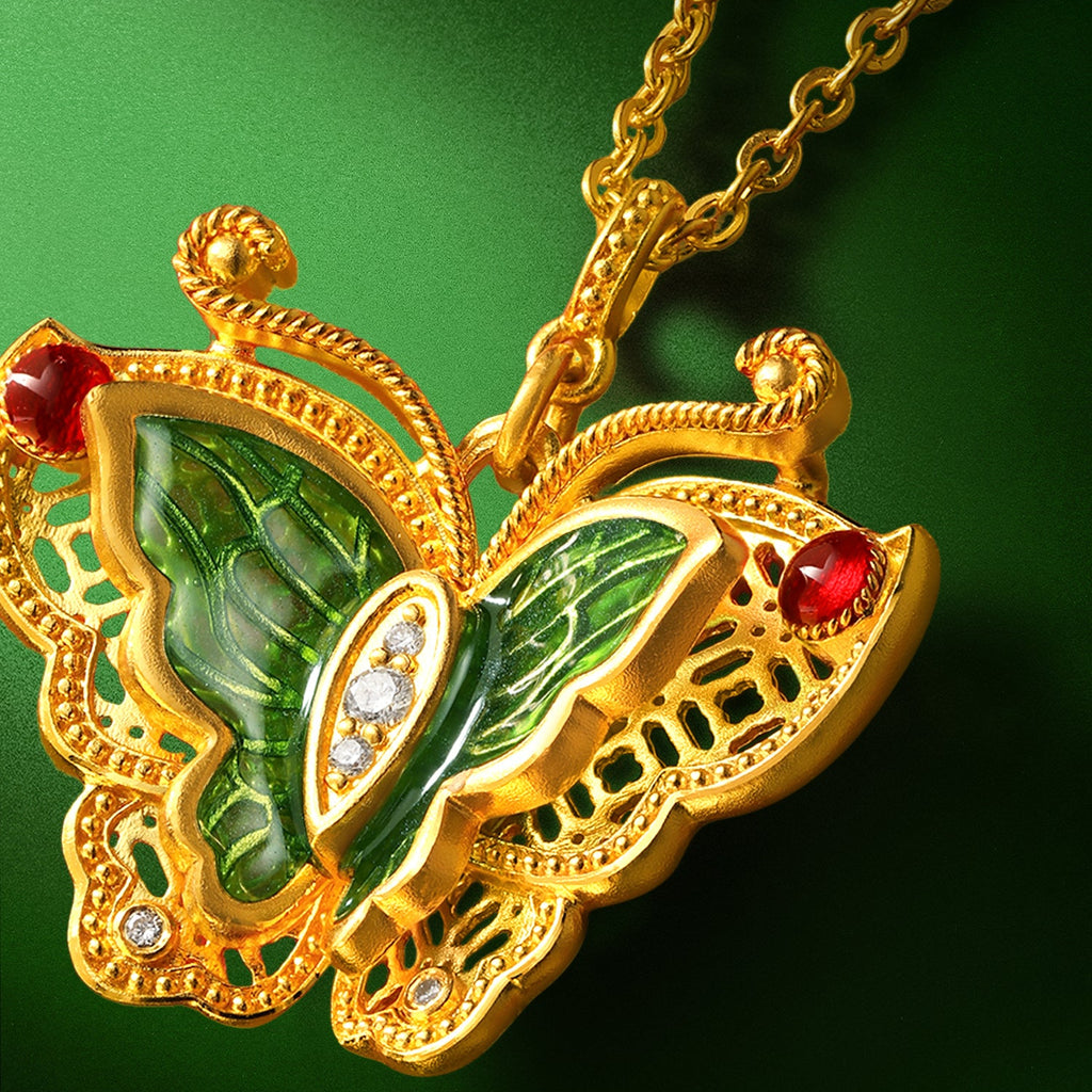 "Chinese Culture Collection - Dan Qing" 24K Gold Pendant Necklace Diamond 0.0088ct Butterfly 12.2-15.2g W0647480