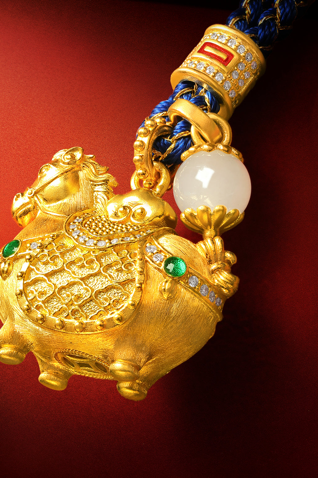 "Chinese Culture Collection - Dan Qing" 24K Gold Pendant Braided Rope Diamond 0.0024ct Hetian Jade 5.8-6.3mm    Horse 15.5-18g W0436250