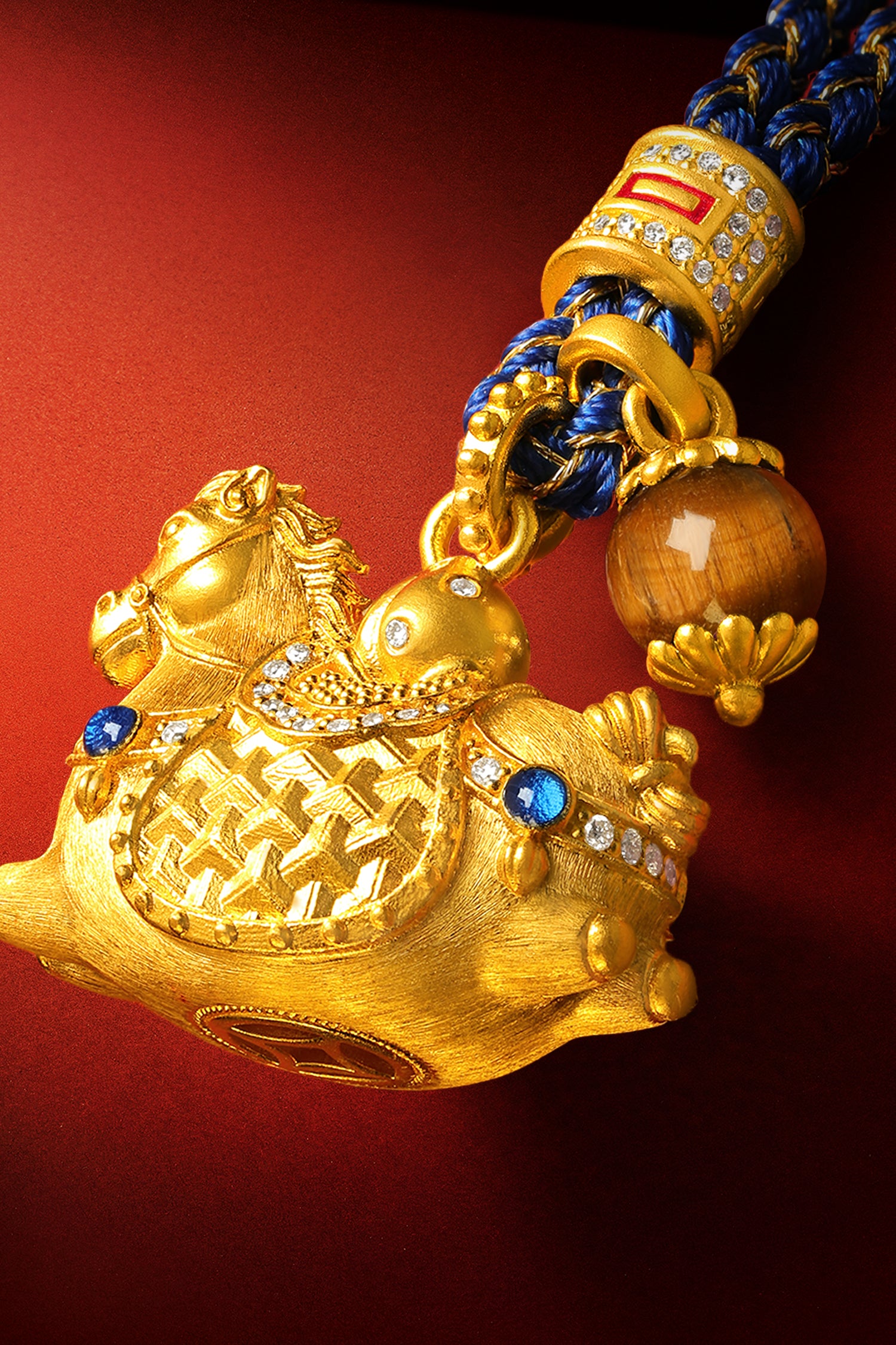 "Chinese Culture Collection - Dan Qing" 24K Gold Pendant Braided Rope Diamond 0.0024ct Tiger's-eye 6-6.5mm    Horse 14.5-17g W0436247