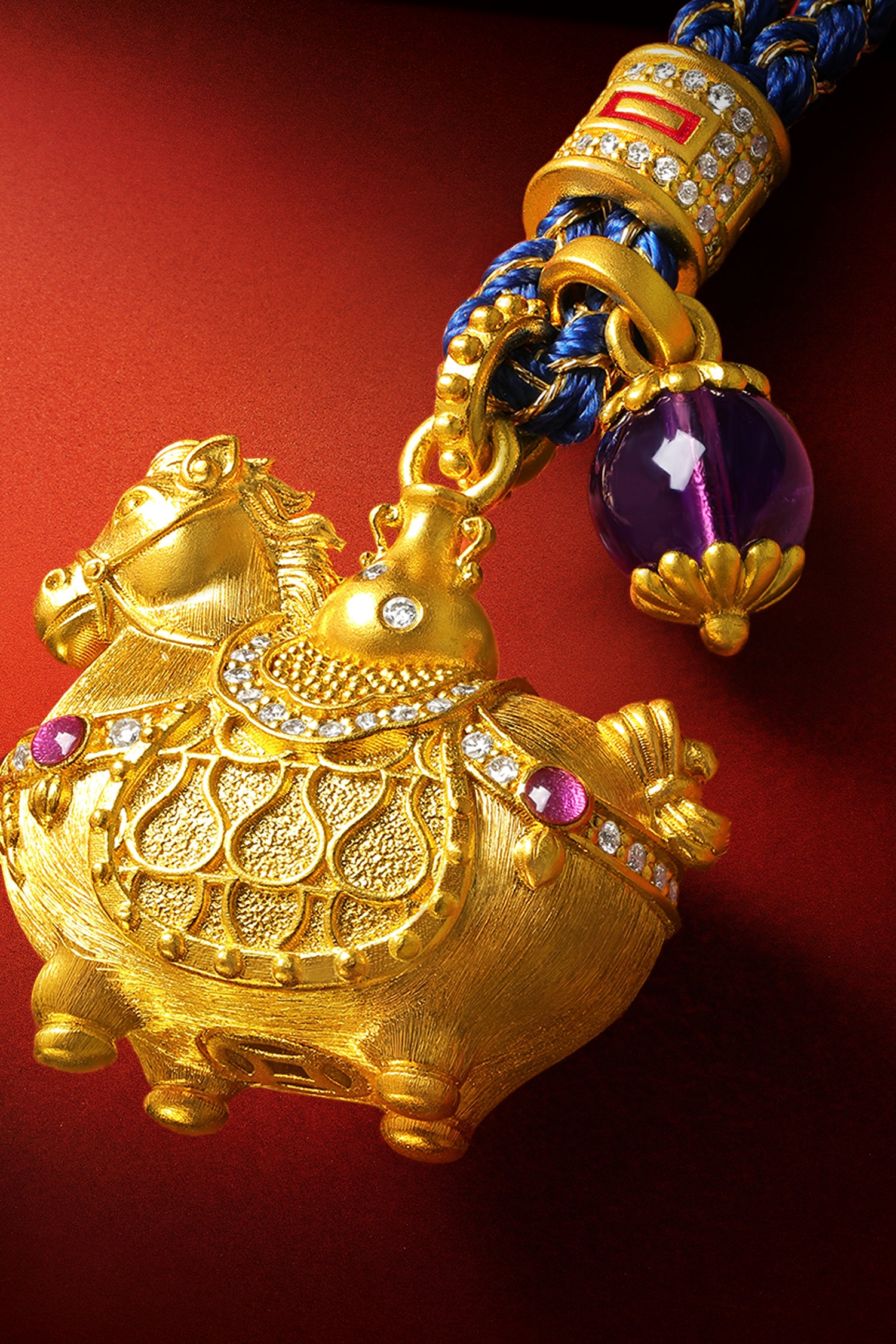 "Chinese Culture Collection - Dan Qing" 24K Gold Pendant Braided Rope Diamond 0.0026ct Amethyst 6-6.5mm Horse 16-18.5g W0436248