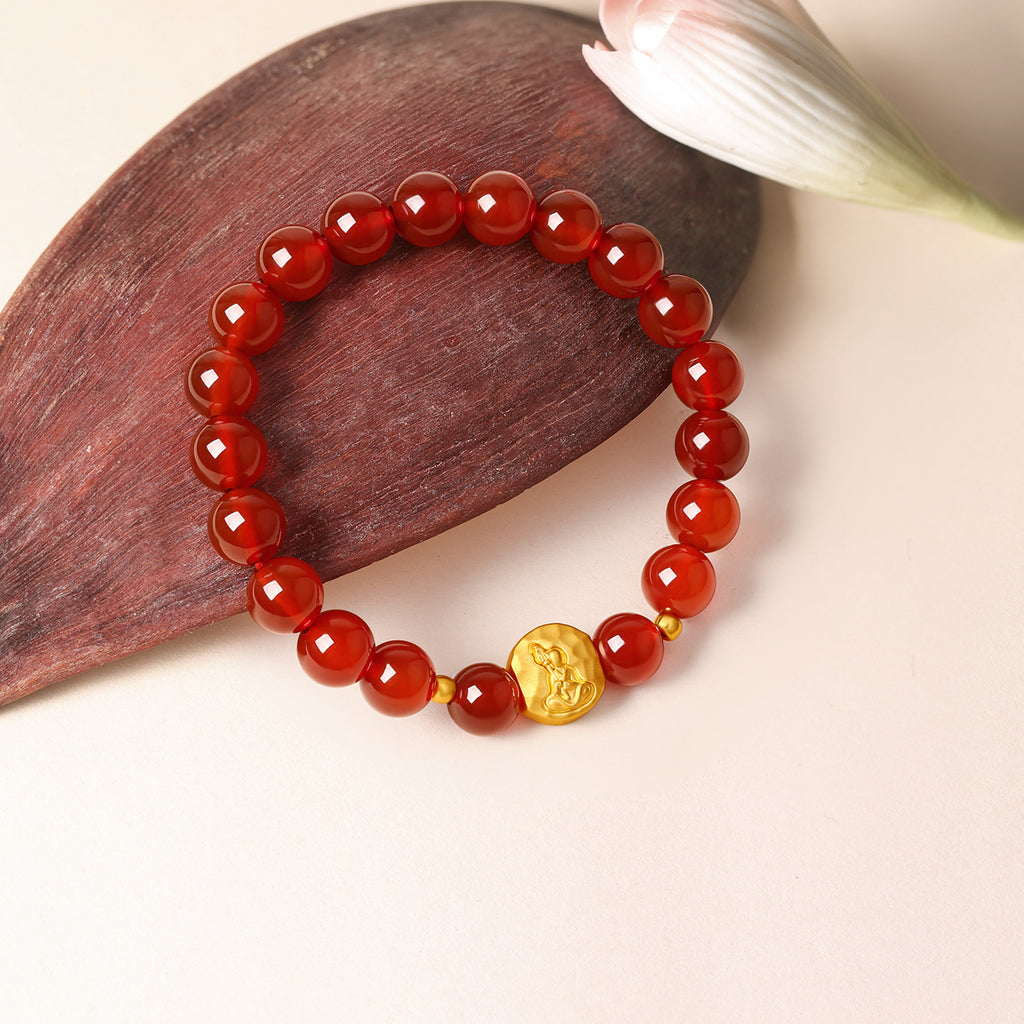 "Jiuhua Mountain" 24K Gold Beaded Bracelet Agate Ksitigarbha Bodhisattva A1915809