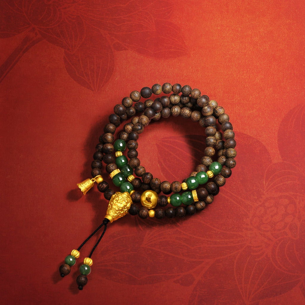Jiuhua Mountain' 24K Gold Beaded Bracelet Heitian Jade Agarwood Ksitigarbha's Implements Y1915329
