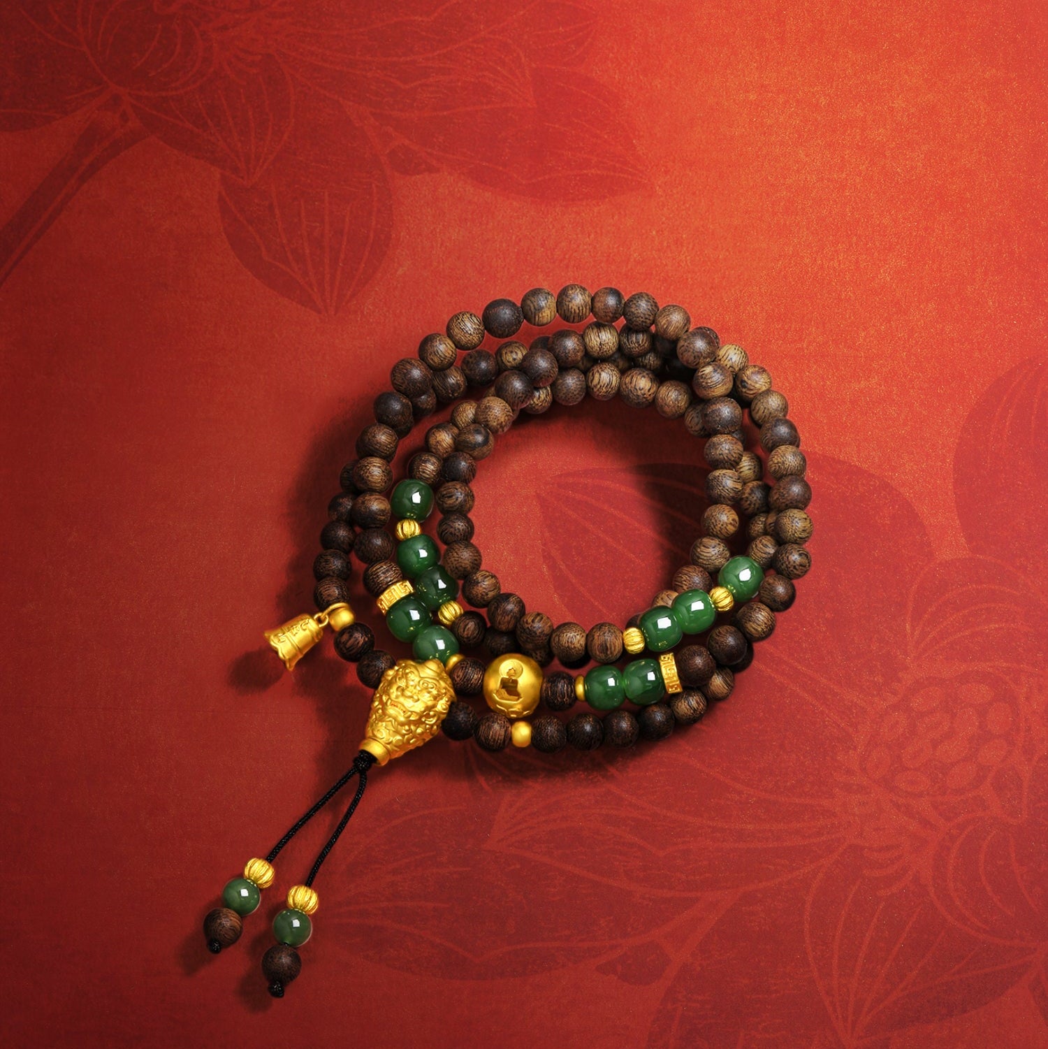 Jiuhua Mountain' 24K Gold Beaded Bracelet Heitian Jade Agarwood Ksitigarbha's Implements Y1915329