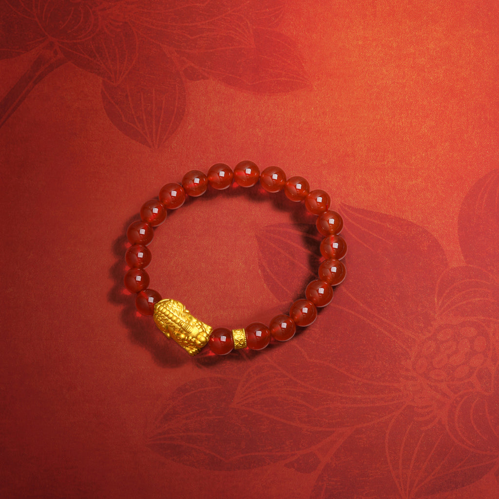 "Jiuhua Mountain" 24K Gold Beaded Bracelet Agate Ksitigarbha's Mount Diting A1915261