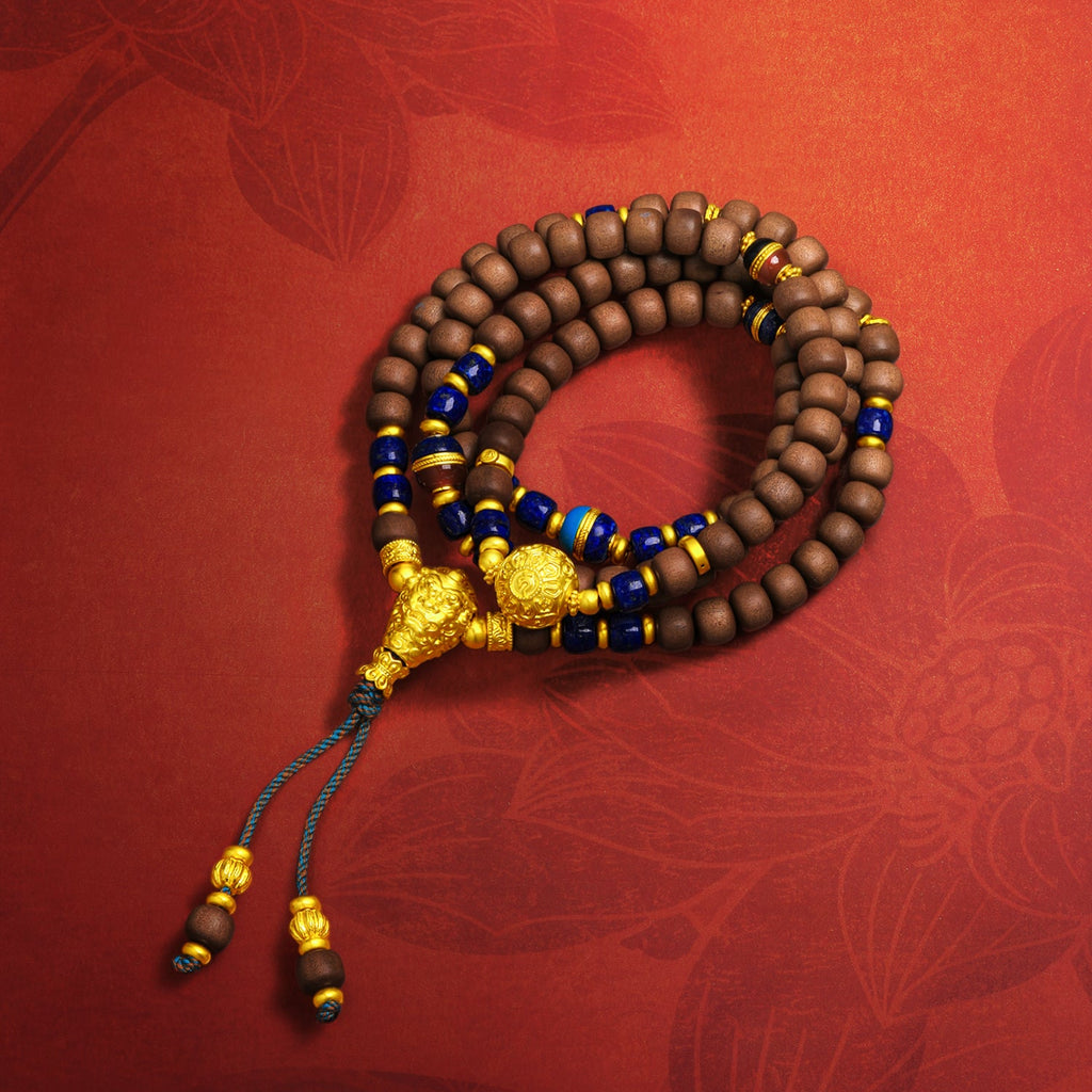 "Jiuhua Mountain" 24K Gold Beaded Bracelet Lapis Lazuli Sandalwood Bead sandalwood Ksitigarbha's Implements J1915280
