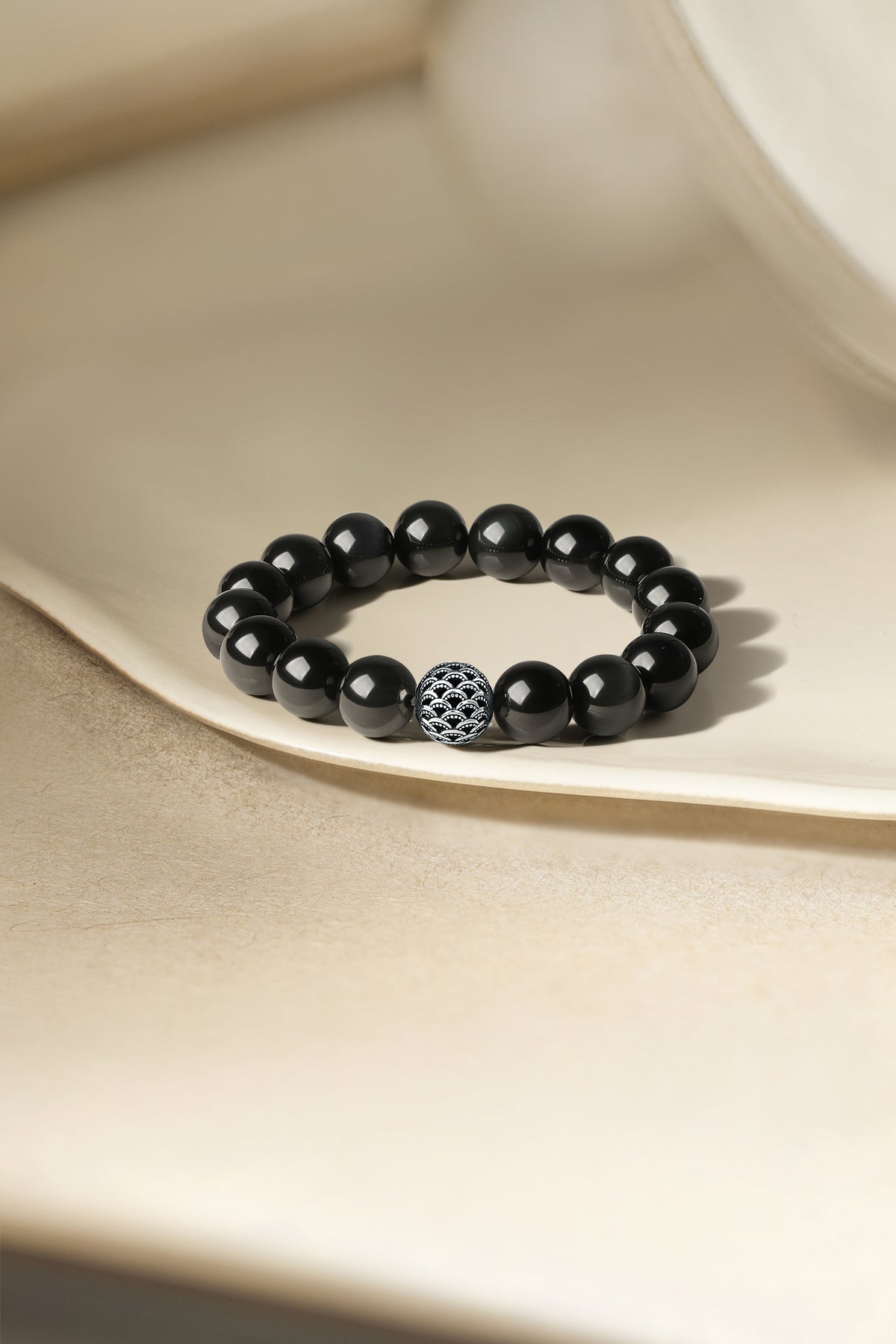 ZHOU LIU FU 13mm Chunky Black Obsidian Beaded Stretch Bracelet for Men, 925 Sterling Silver Fish-Scale Bead Feng Shui Jewelry for Good Luck 7.9in J19116857