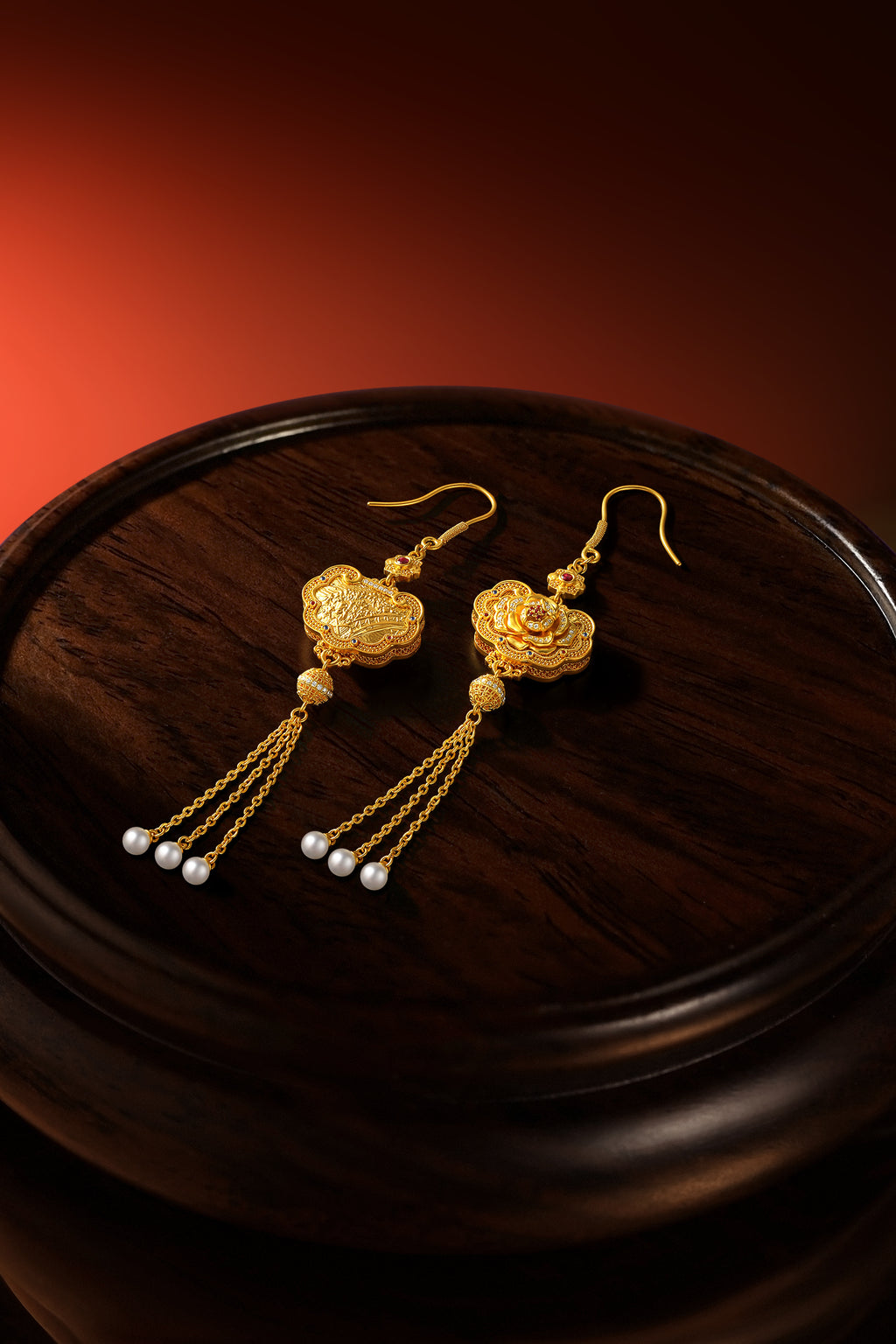 "Chinese Culture Collection - Dan Qing" 999 24K Gold Earrings Diamond 0.0024ct Ruby 0.0089ct Aquamarine 3.8-4.3mm Ruyi 25-31g W0950046