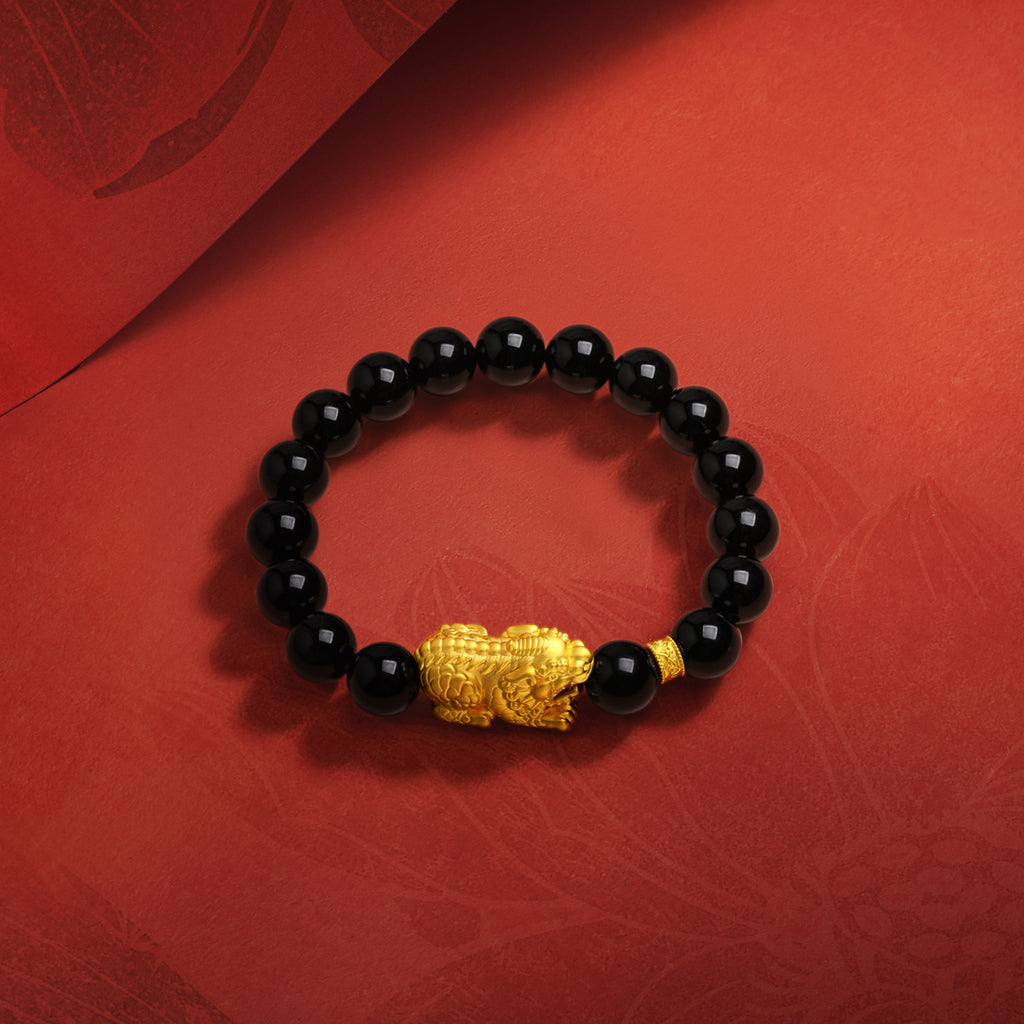Jiuhua Mountain' 24K Gold Beaded Bracelet Agate Ksitigarbha's Mount Diting A1915262
