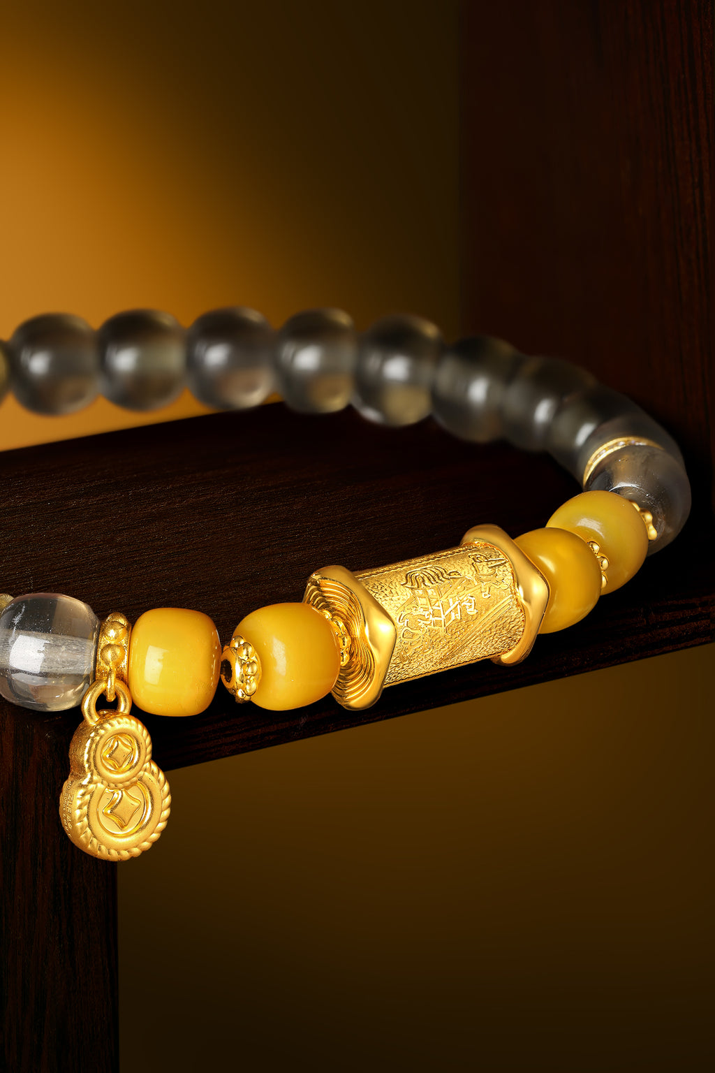 "Chinese Culture Collection - Dan Qing" 999 24K Gold Beaded Bracelet Crystal 6-6.5*7-7.5mm Diamond 0.0073ct Amber Gourd 6.5-9.5g J1950061