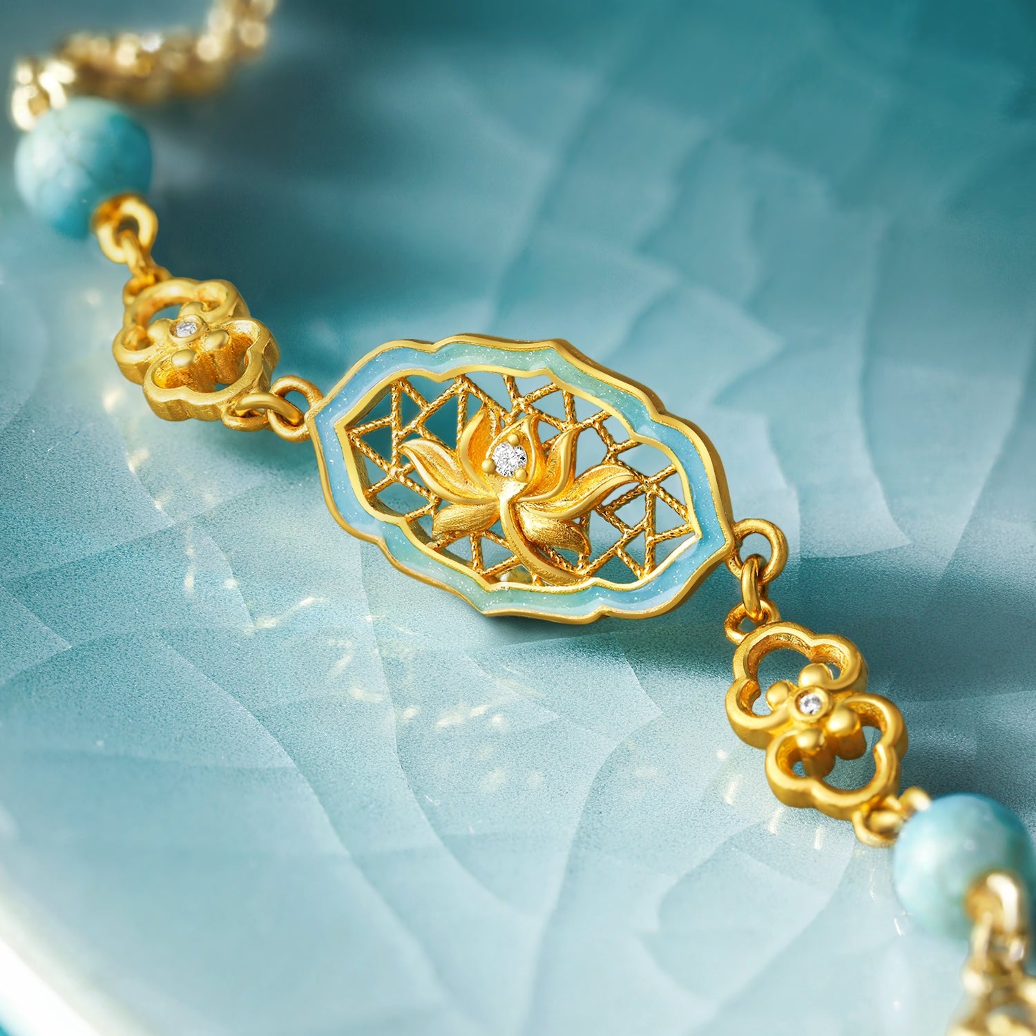 "Chinese Culture Collection - Ru Ware" 24K Gold Chain Bracelet Diamond 0.005ct 0.002ct Pearl Flower 4.36-6.36g W0750031