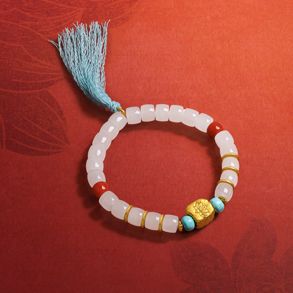 "Jiuhua Mountain" 24K Gold Beaded Bracelet Heitian Jade Turquoise Agate Ksitigarbha's Implements Y1915278