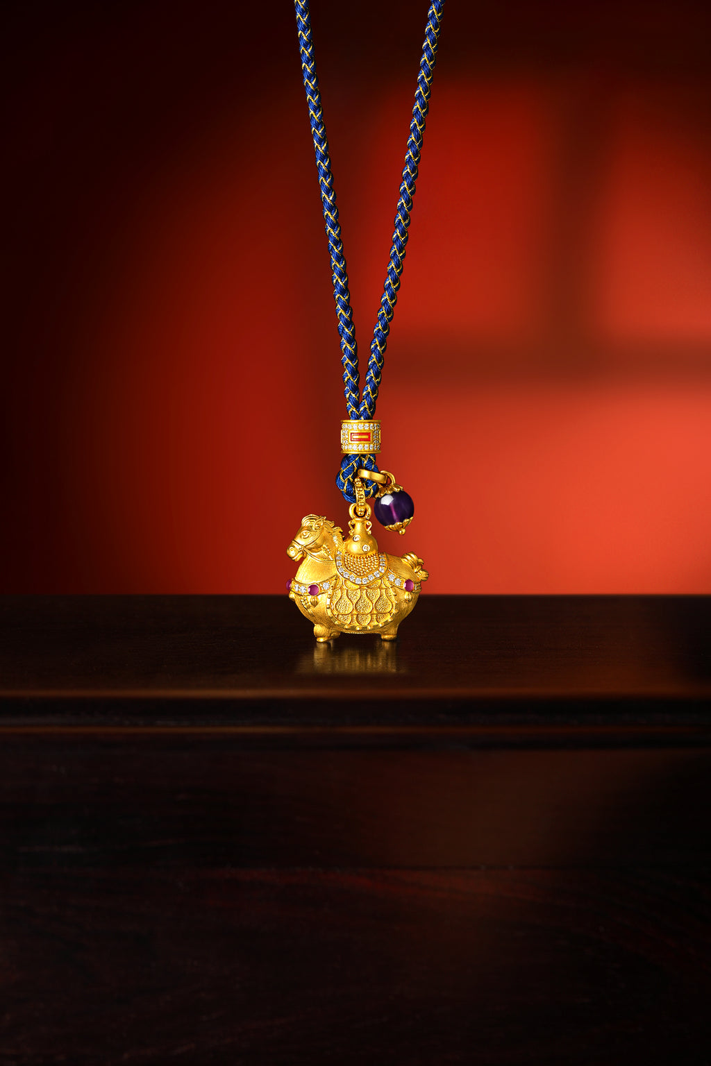 "Chinese Culture Collection - Dan Qing" 24K Gold Pendant Braided Rope Diamond 0.0026ct Amethyst 6-6.5mm Horse 16-18.5g W0436248