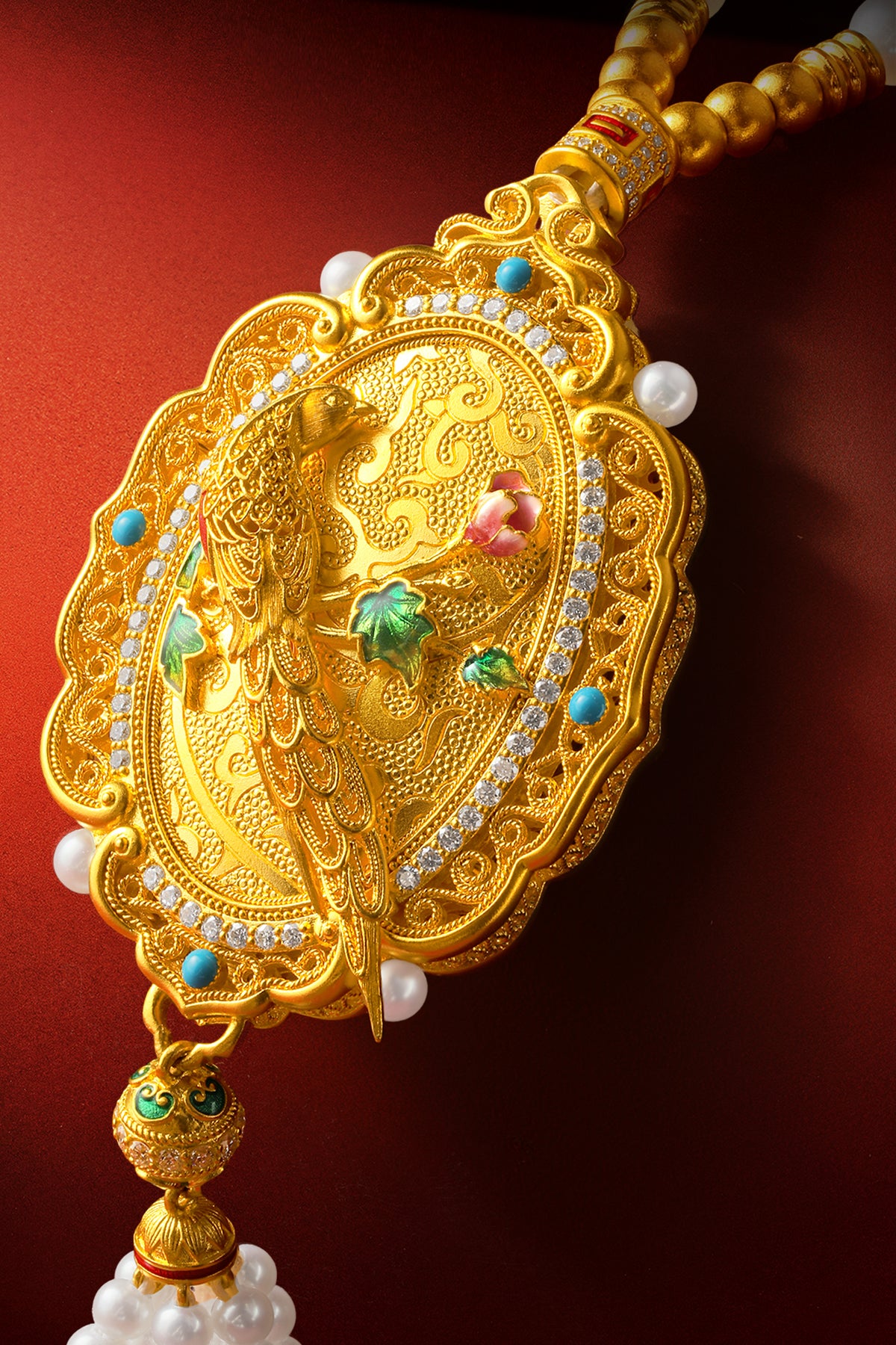 "Chinese Culture Collection - Dan Qing" 999 24K Gold String Pendant Necklace String Freshwater Pearl 3-5.5mm Diamond 0.0069ct Ruby 3-4.3mm Floral 55-62g X0650066